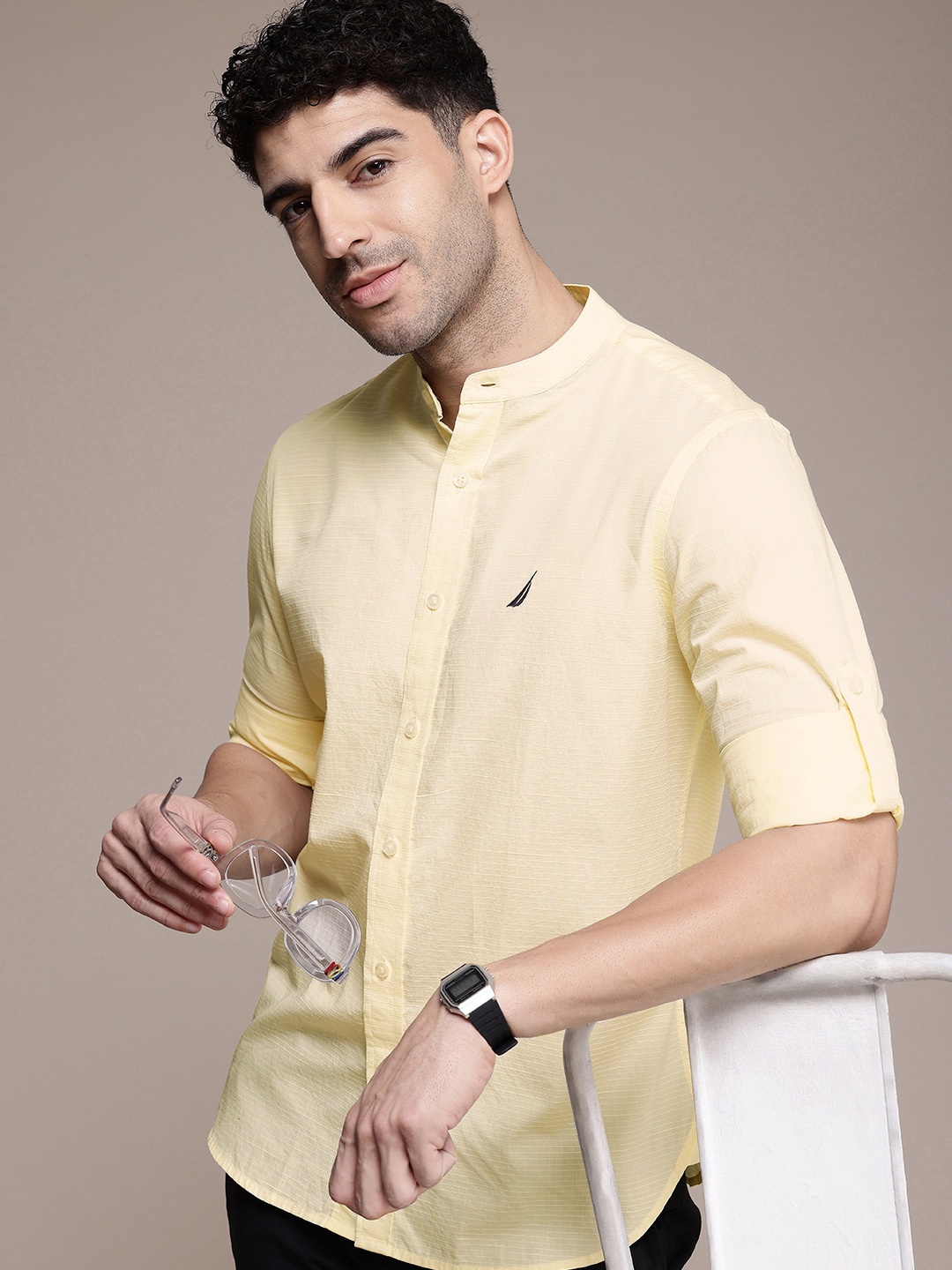 

Nautica Slim Fit Self Stripes Band Collar Pure Cotton Casual Shirt, Yellow