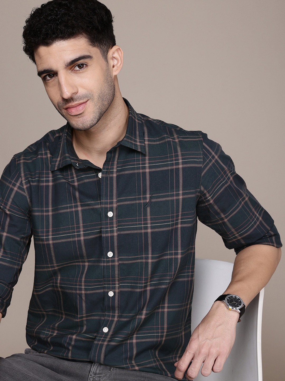 

Nautica Pure Cotton Slim Fit Tartan Checks Opaque Casual Shirt, Green