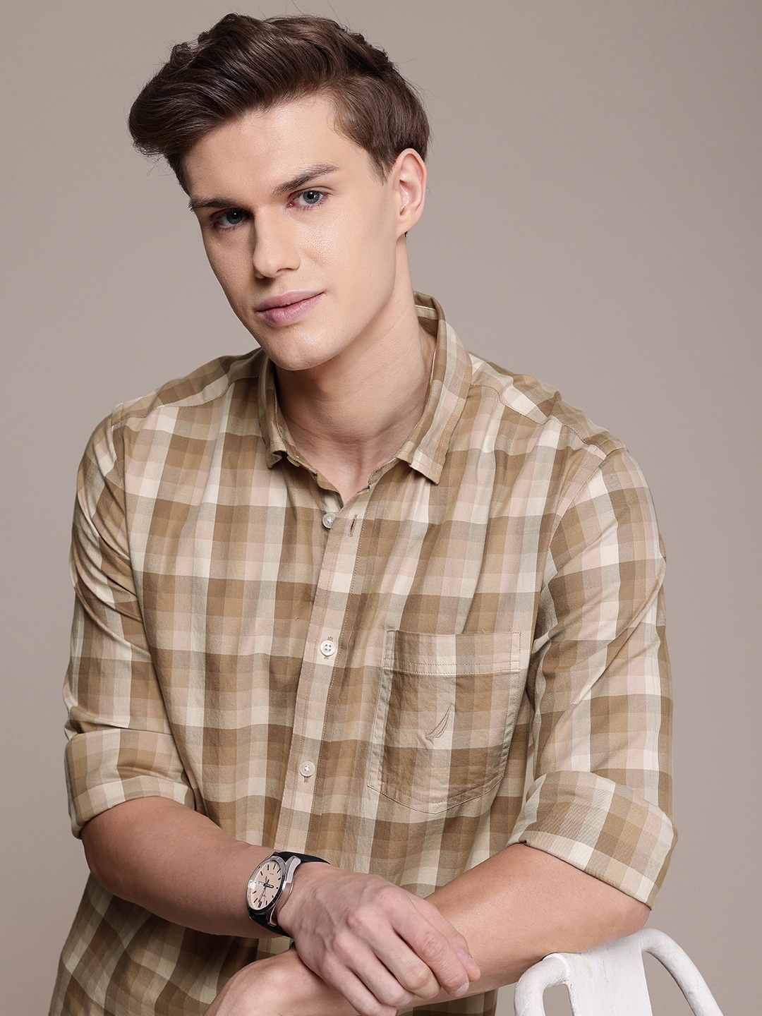 

Nautica Pure Cotton Classic Opaque Checked Casual Shirt, Brown
