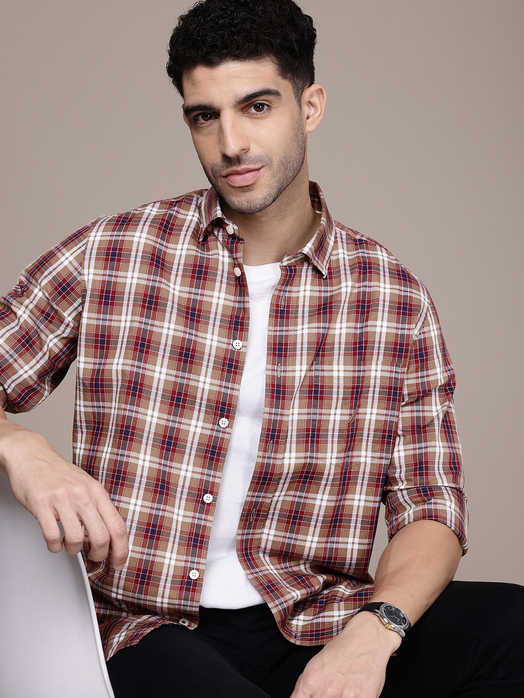 

Nautica Pure Cotton Classic Fit Opaque Checked Casual Shirt, Maroon
