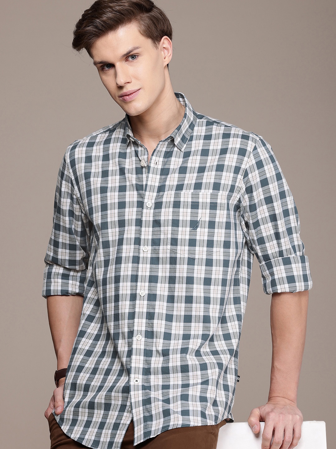 

Nautica Pure Cotton Classic Opaque Checked Casual Shirt, Blue