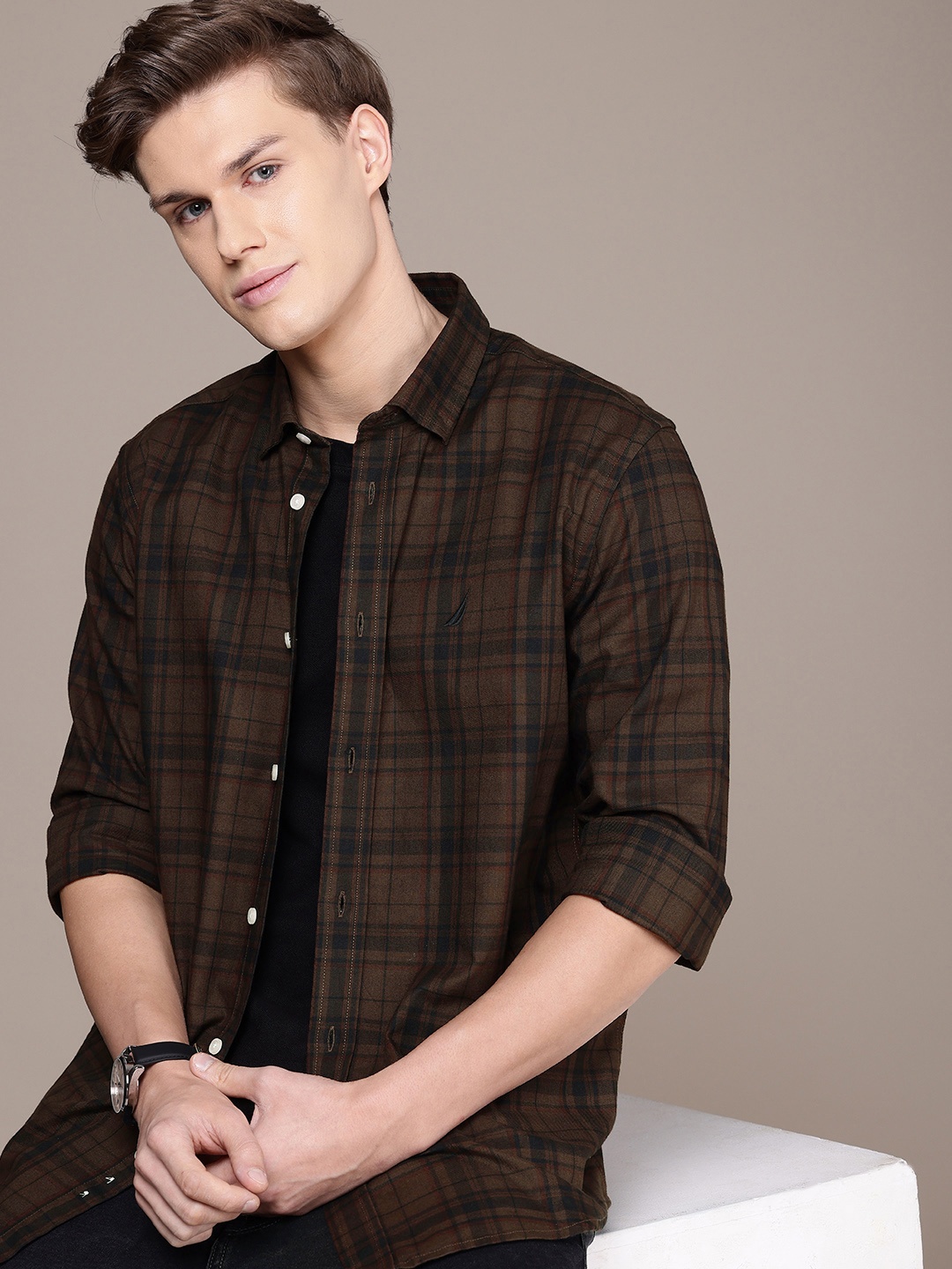 

Nautica Pure Cotton Classic Checked Wrinkle Resistant Casual Shirt, Brown