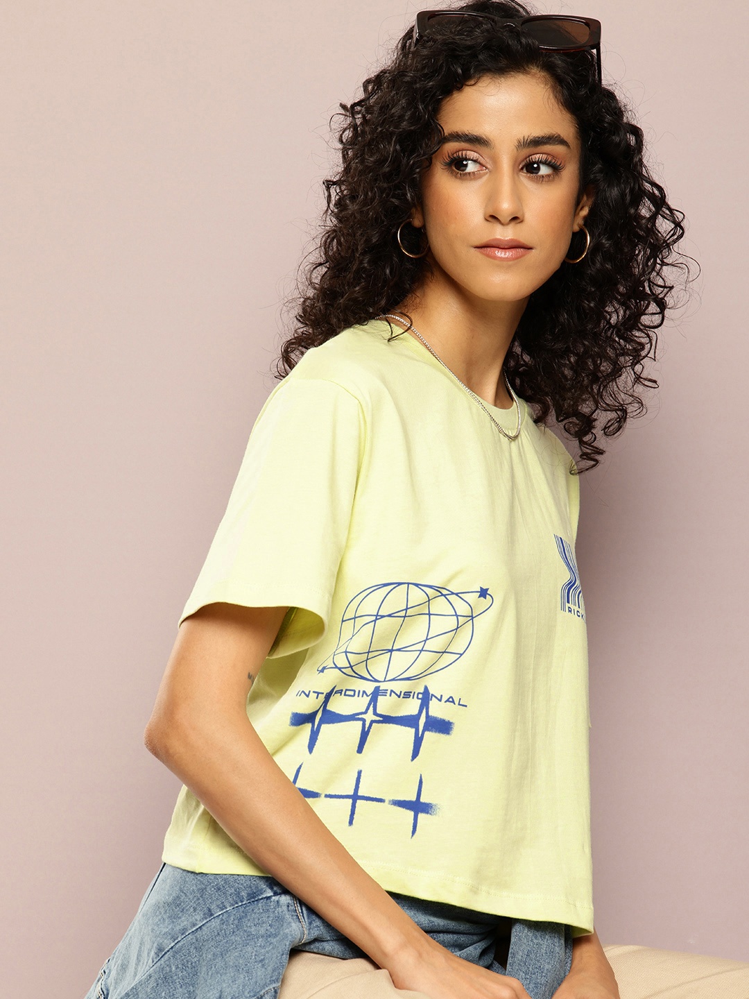 

Kook N Keech Printed Drop-Shoulder Sleeves Oversized Crop T-shirt, Green