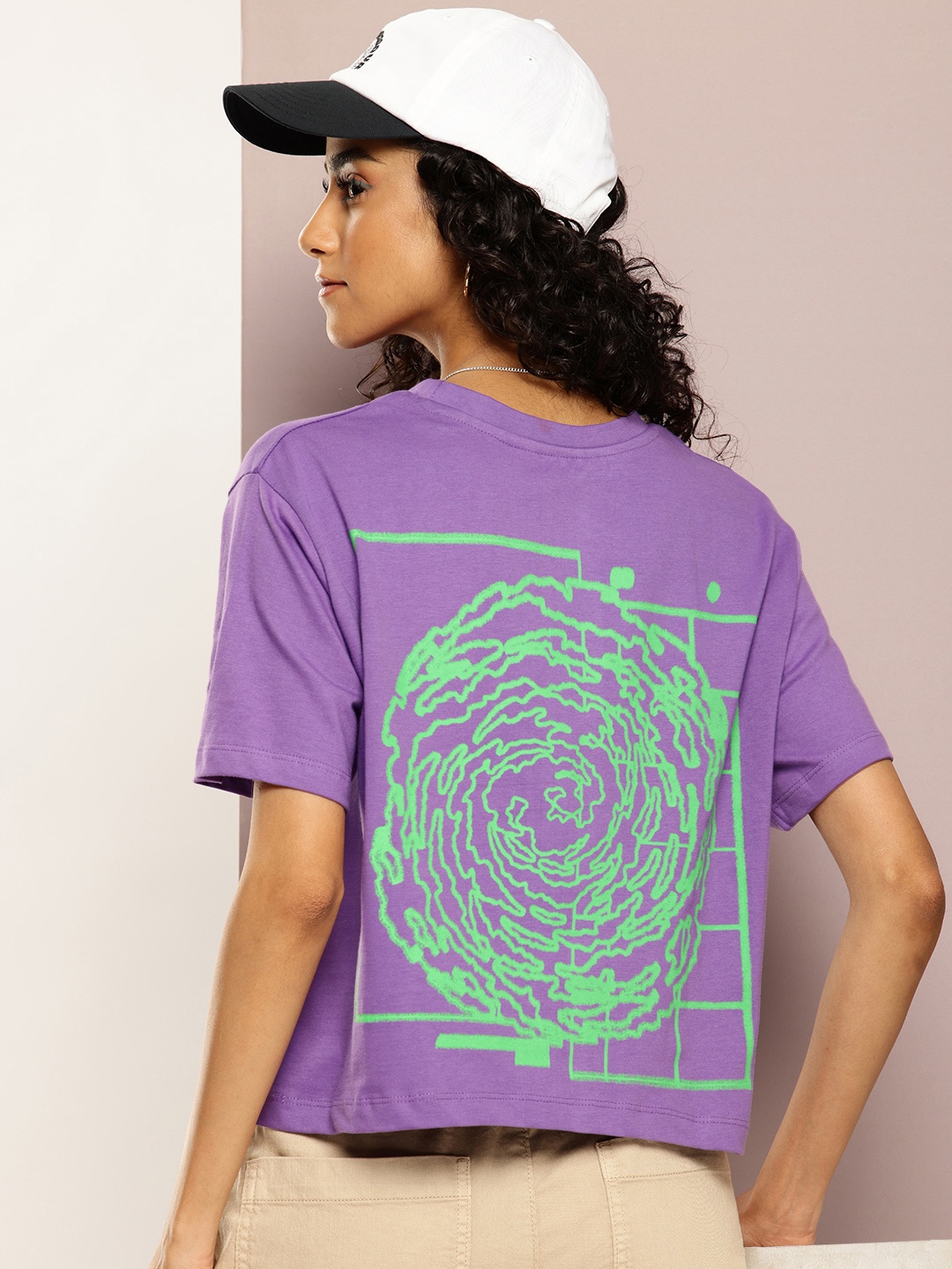 

Kook N Keech Printed Drop-Shoulder Sleeves Oversized Crop T-shirt, Purple