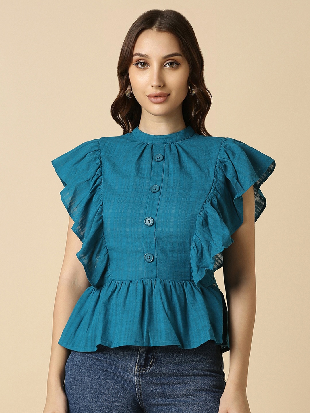 

Allen Solly Woman Checked Mandarin Collar Flutter Sleeve Cotton Peplum Top, Teal