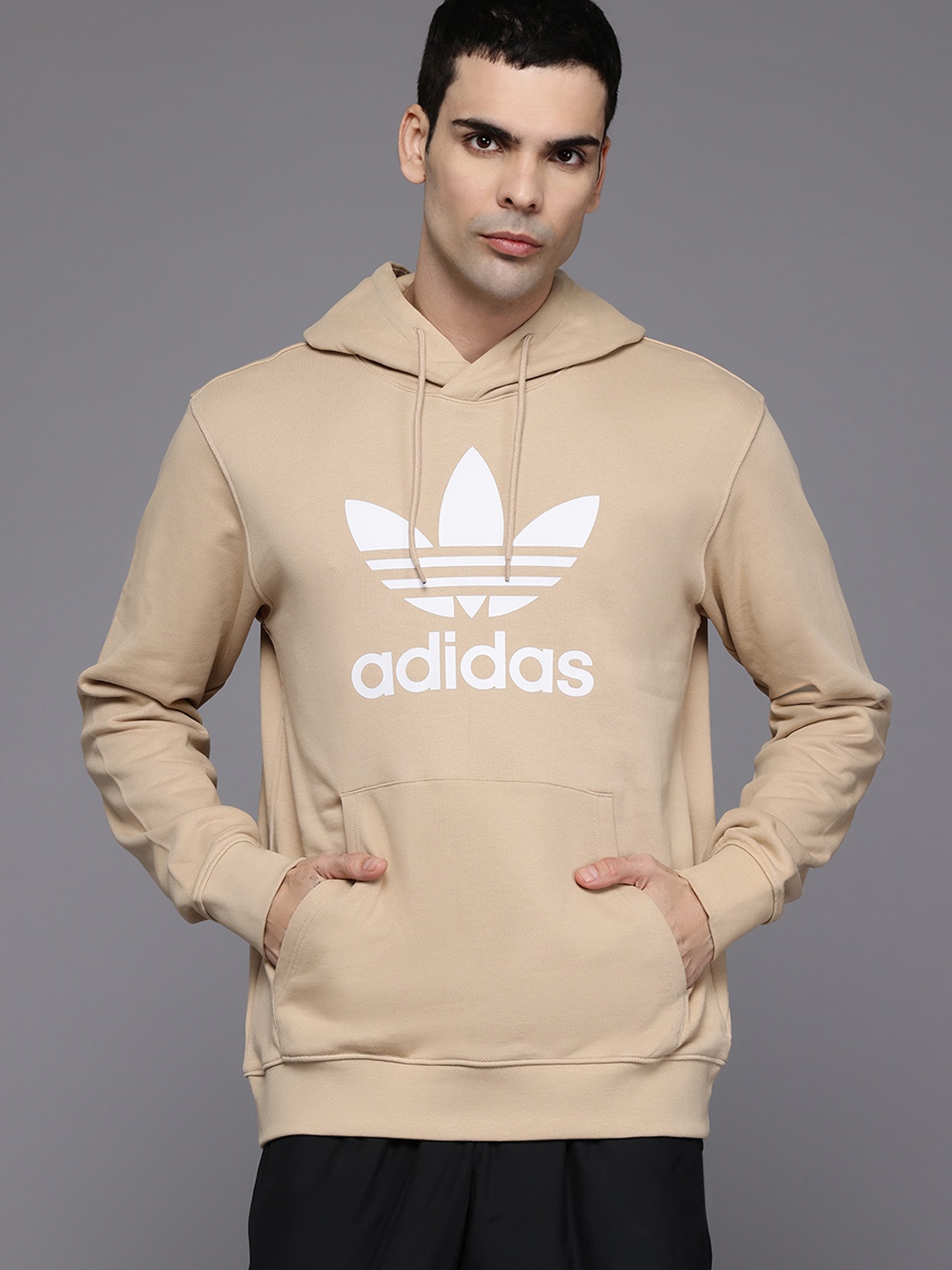 

ADIDAS Originals Brand Logo Print Trefoil Hooded Sweatshirt, Beige