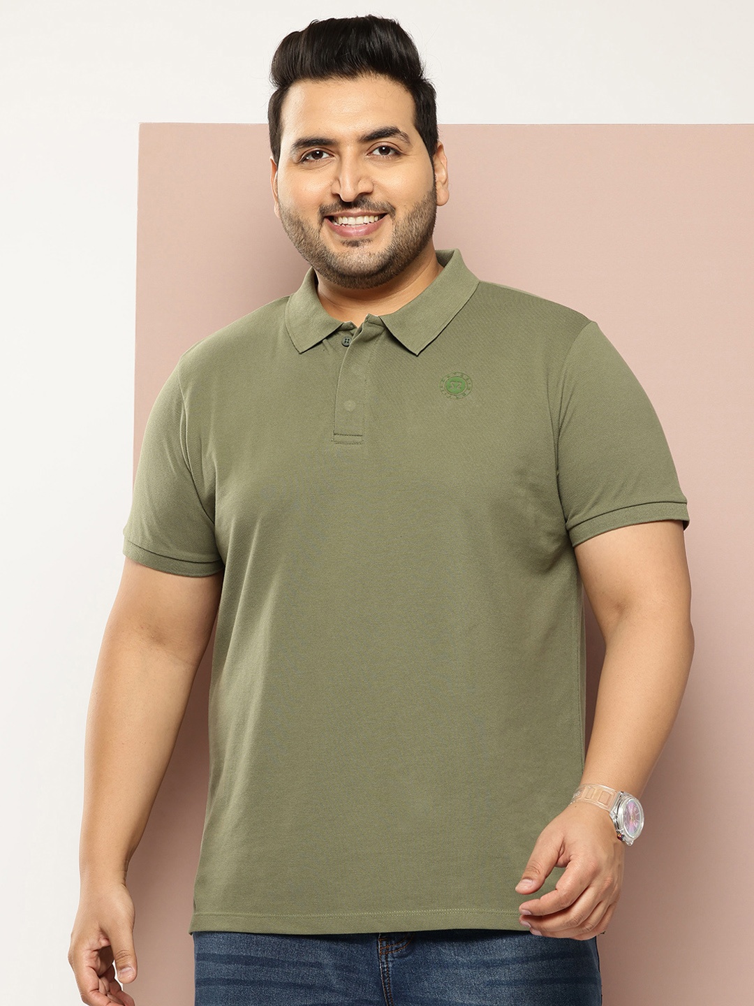 

Sztori Men Plus Size Pure Cotton Polo Collar T-shirt, Olive