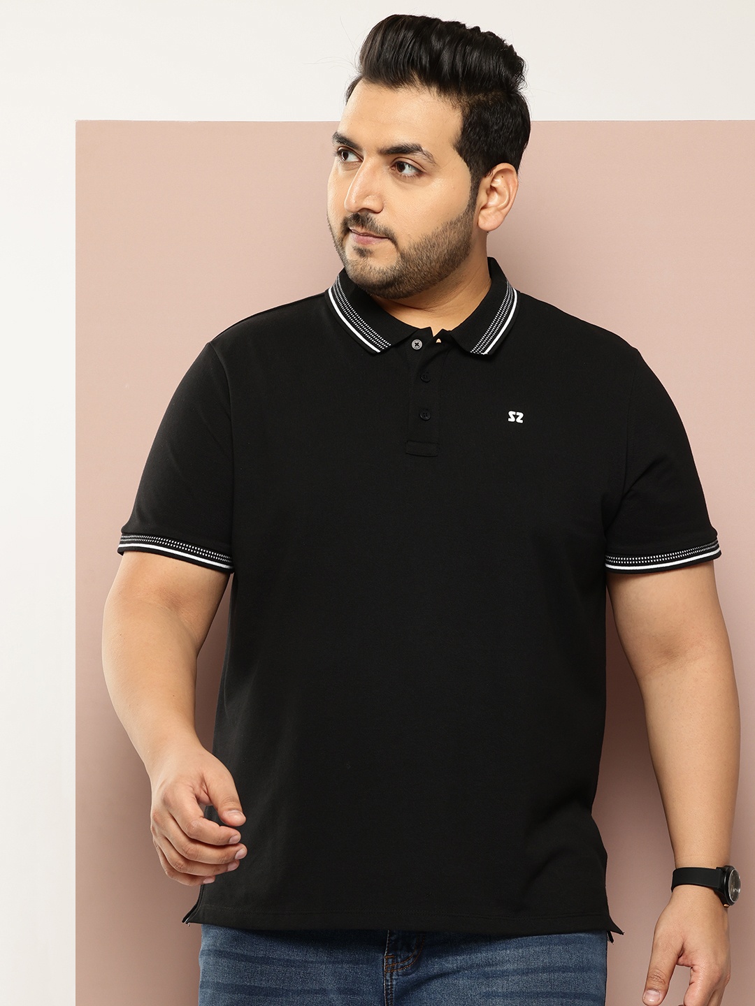 

Sztori Men Plus Size Pure Cotton Monochrome Polo T-shirt, Black