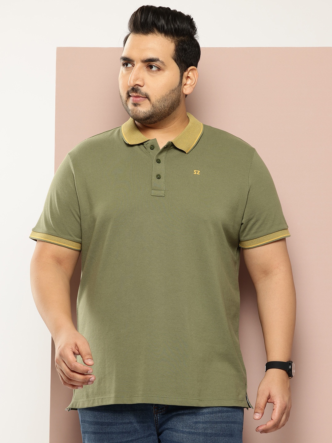 

Sztori Men Plus Size Colourblocked Pure Cotton Polo Collar T-shirt, Olive