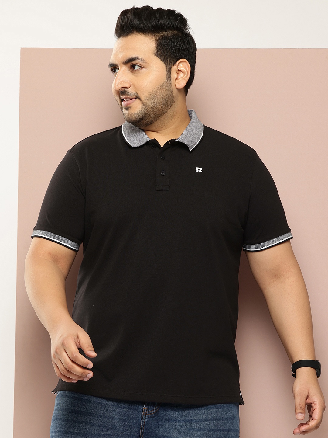 

Sztori Men Plus Size Colourblocked Pure Cotton Polo Collar T-shirt, Black