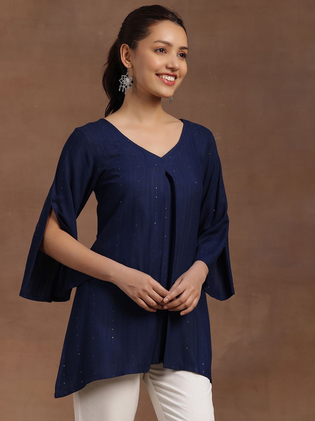 

Libas V-Neck Flared Sleeves Sequinned Sequinned Kurti, Blue