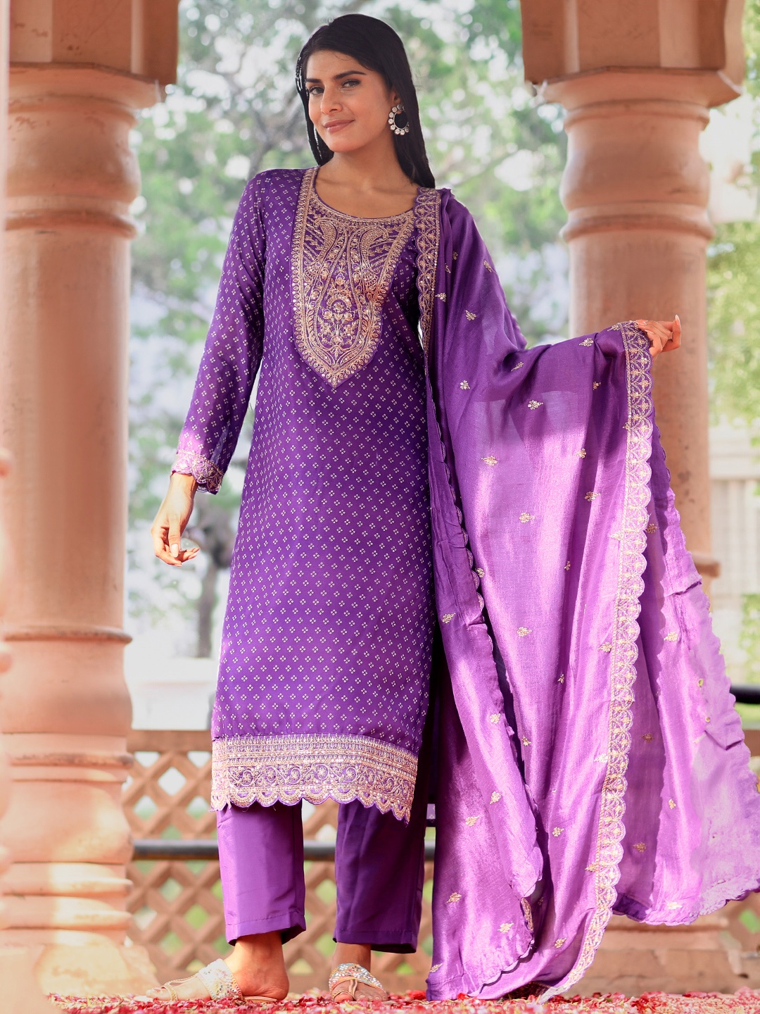 

Libas Bandhani Printed Thread Work Kurta with Trousers & Dupatta, Purple