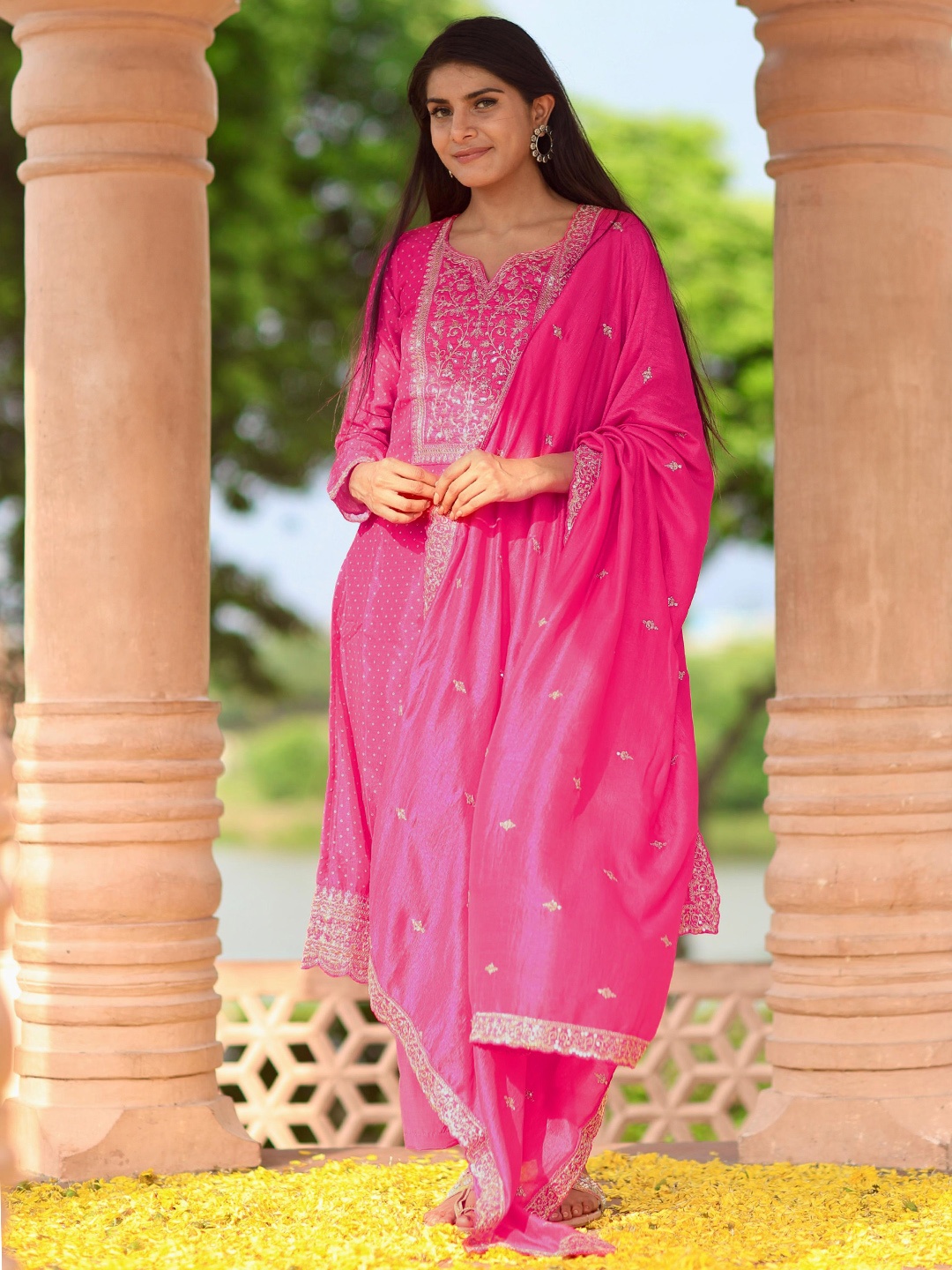 

Libas Bandhani Printed Thread Work Kurta with Trousers & Dupatta, Pink