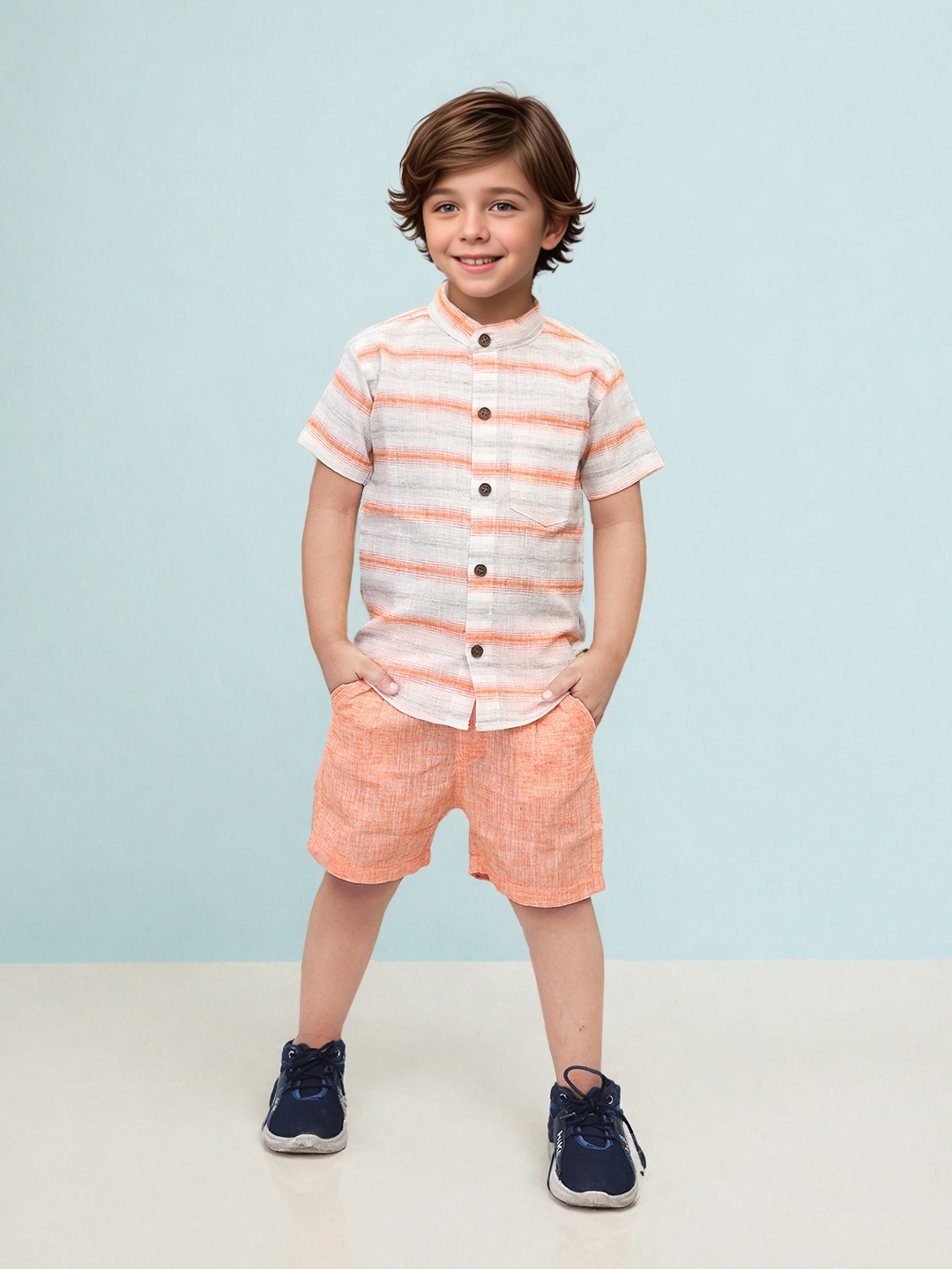 

Toonyport Boys Striped Band Collar Pure Cotton Shirt With Shorts, Peach