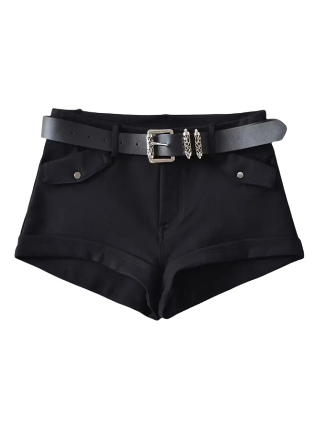 

LULU & SKY Women Slim Fit Low-Rise Hot Pants Shorts With Belt, Black