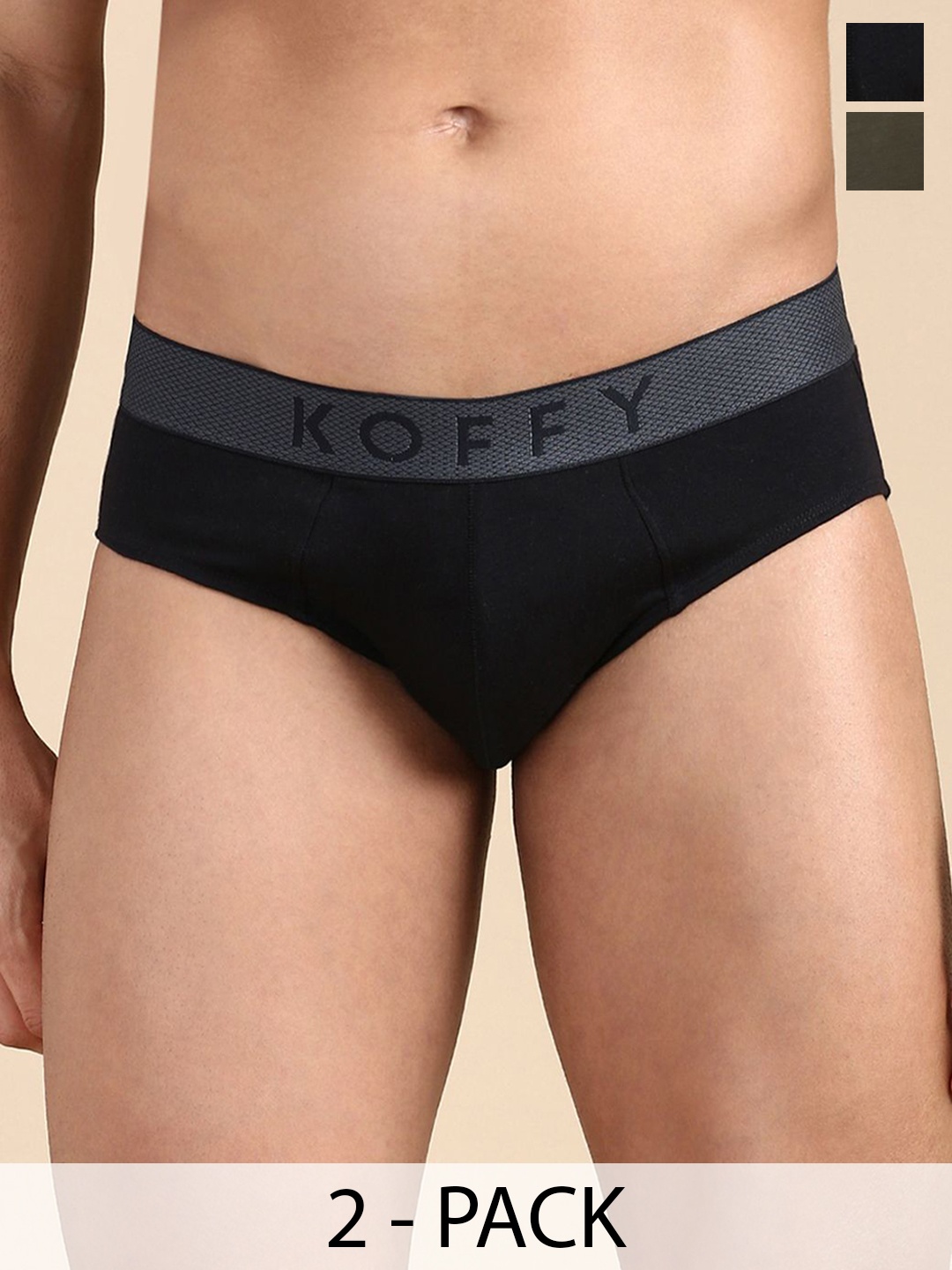 

KOFFY Pack Of 2 Men Mid Rise Basic Briefs KOFFY_KI43_BLK_KHA_2PC, Black