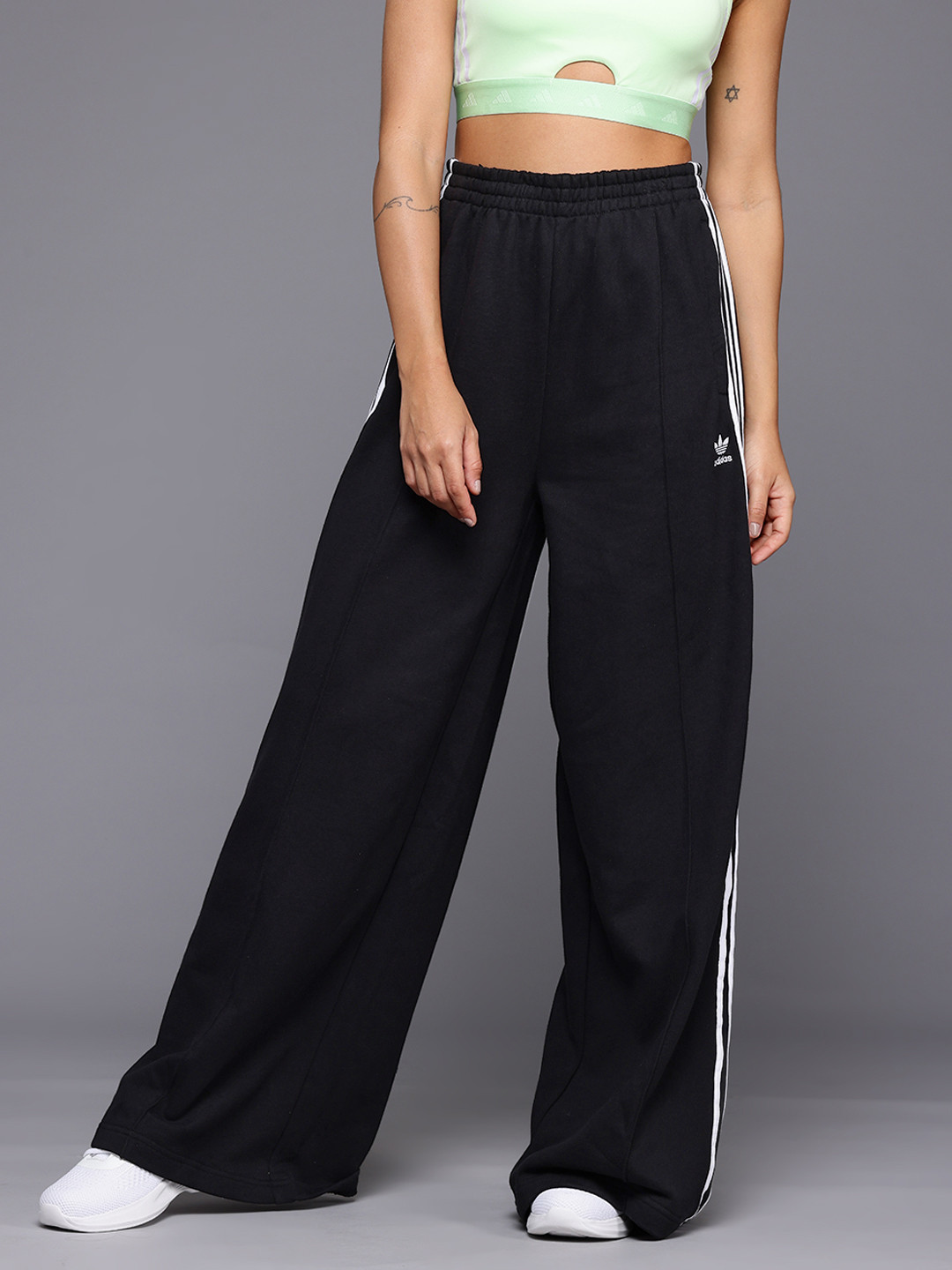 

ADIDAS Originals High-Waist 3 Striped Loose French Terry Wide Leg Track Pants, Black