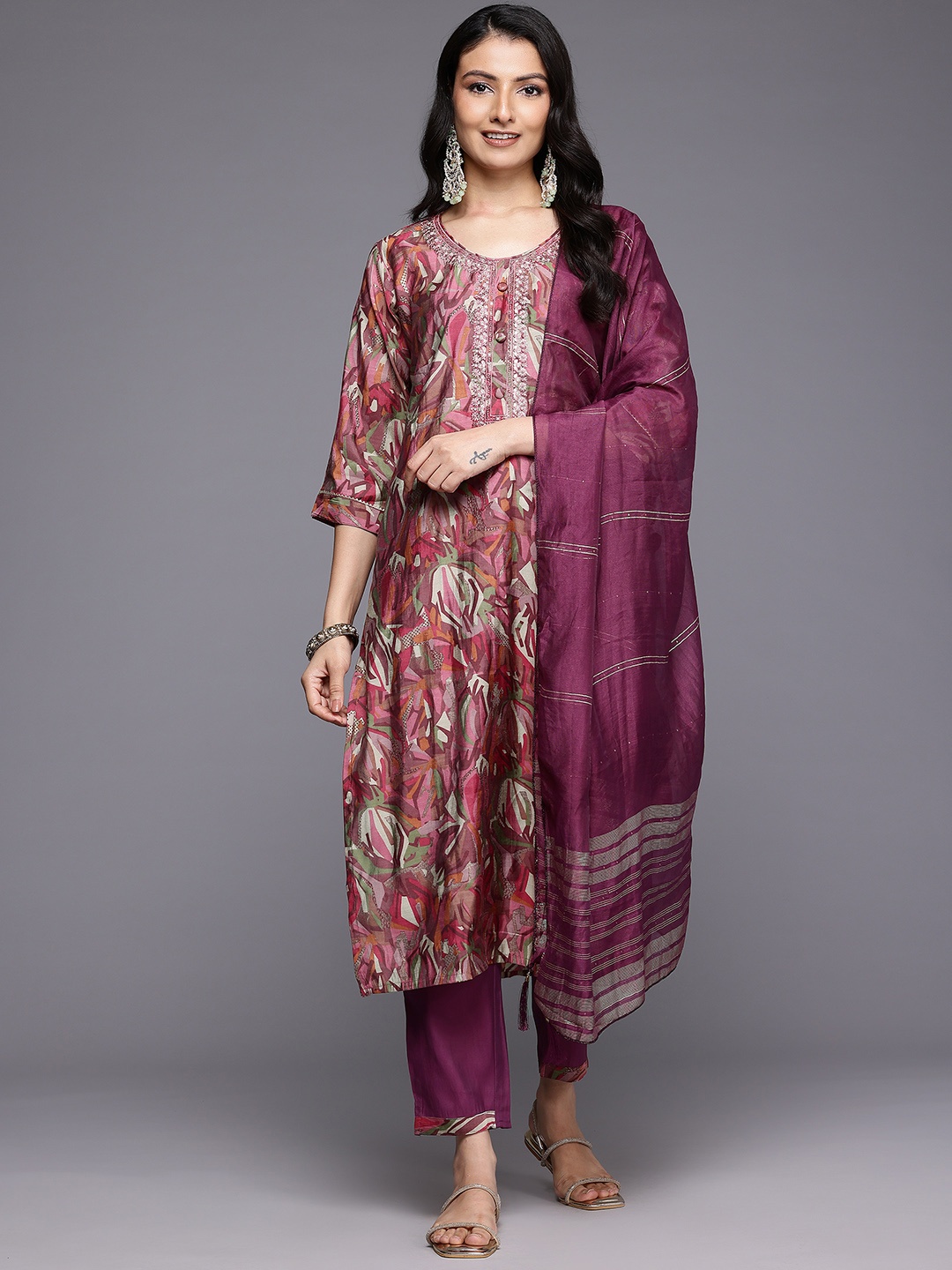 

Varanga Printed Sequinned Kurta With Trousers & Dupatta, Purple