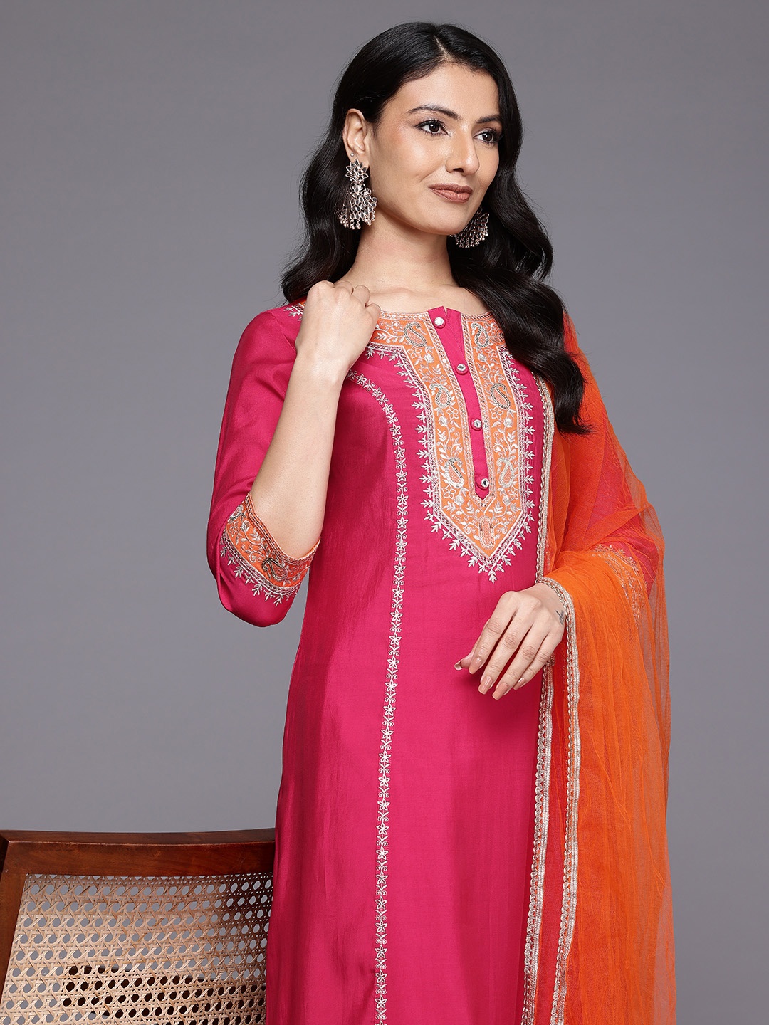 

Varanga Ethnic Motifs Embroidered Zari Panelled Kurta With Palazzos & Dupatta, Pink