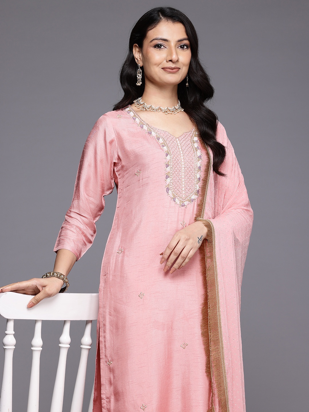 

Varanga Ethnic Motifs Embroidered Beads & Stones Pure Silk Kurta Set, Pink