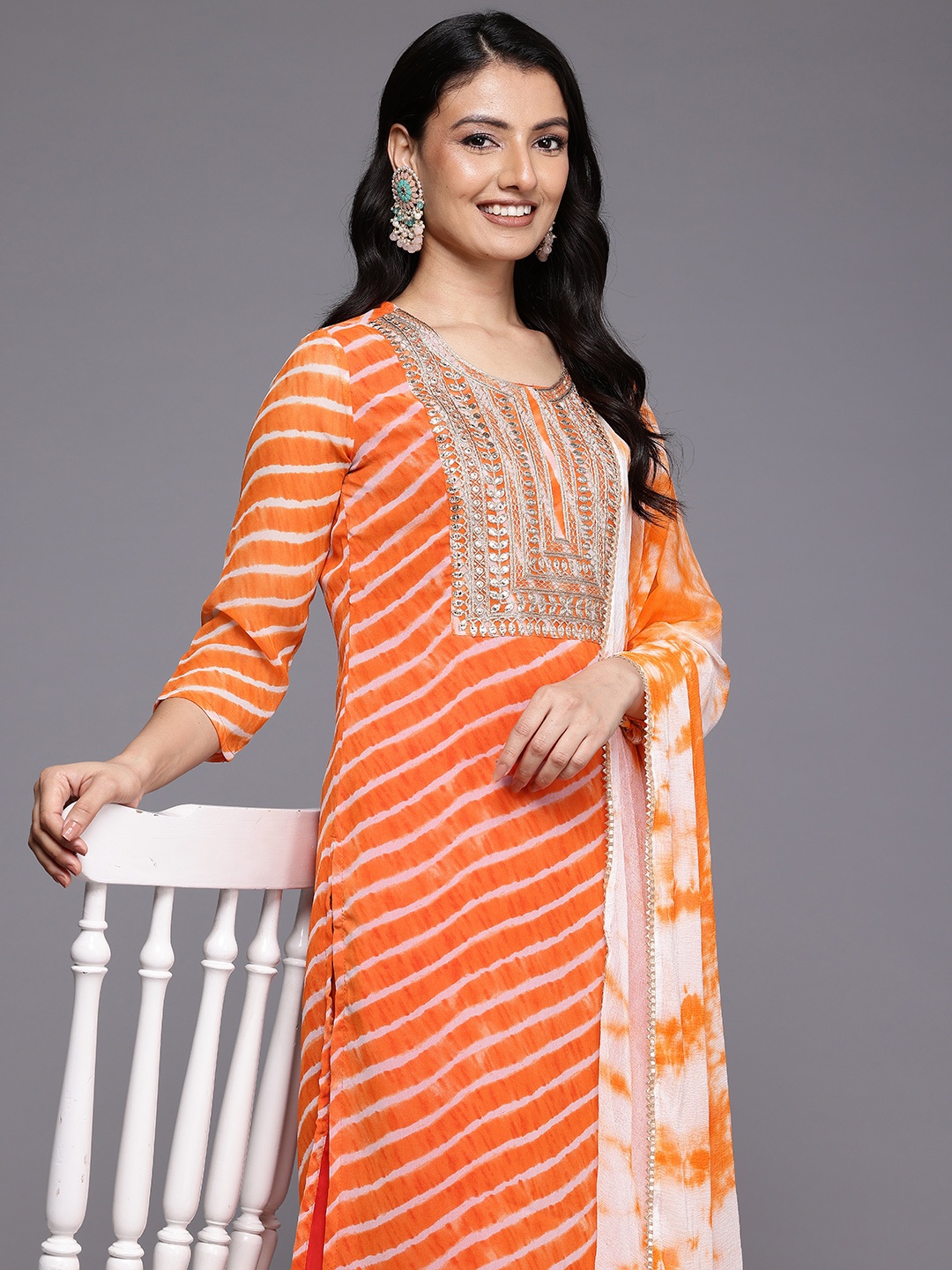 

Varanga Leheriya Printed Zari Kurta With Trousers & Dupatta, Orange