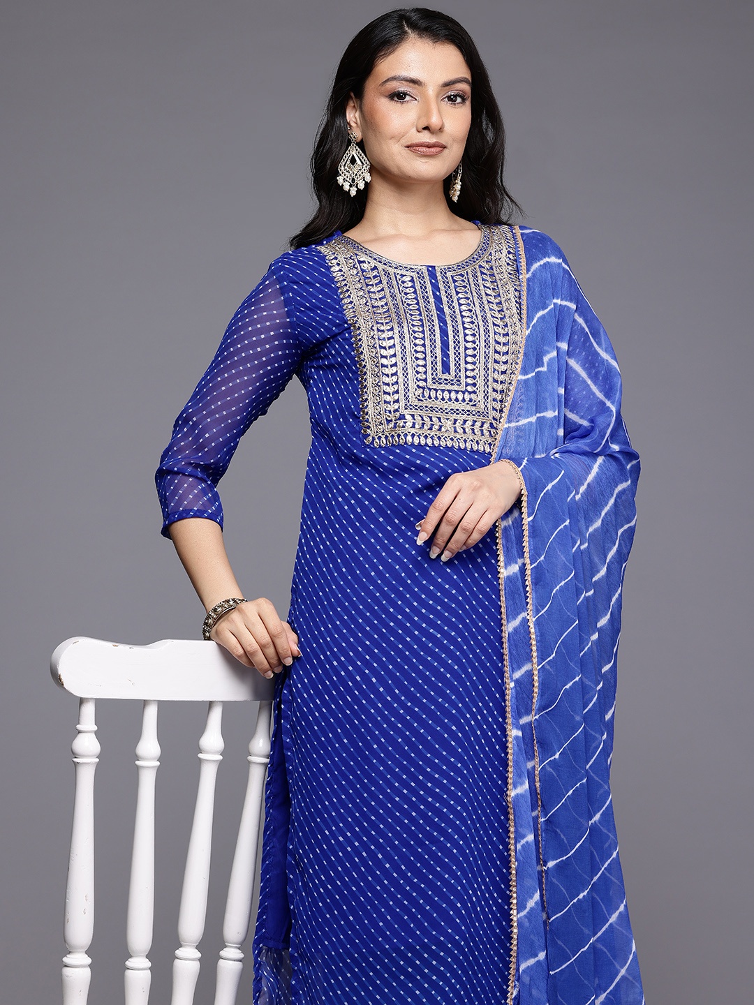 

Varanga Leheriya Printed Zari Kurta With Trousers & Dupatta, Navy blue