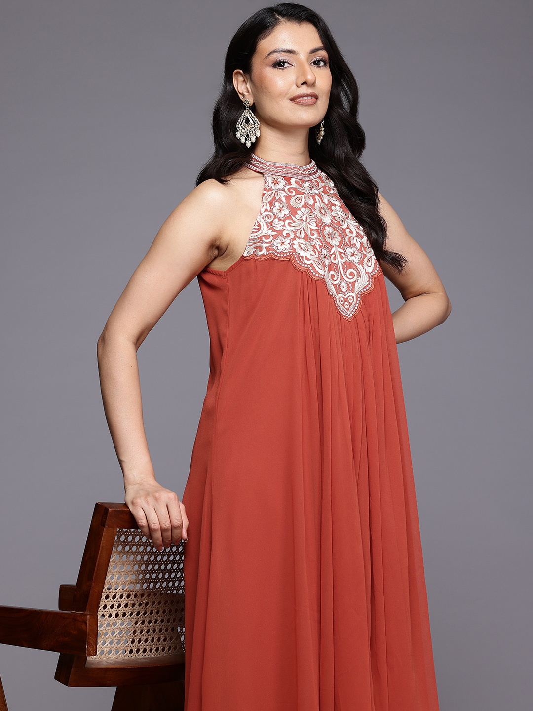 

Varanga Floral Yoke Design Pleated Sequinned Kurta with Trousers, Rust