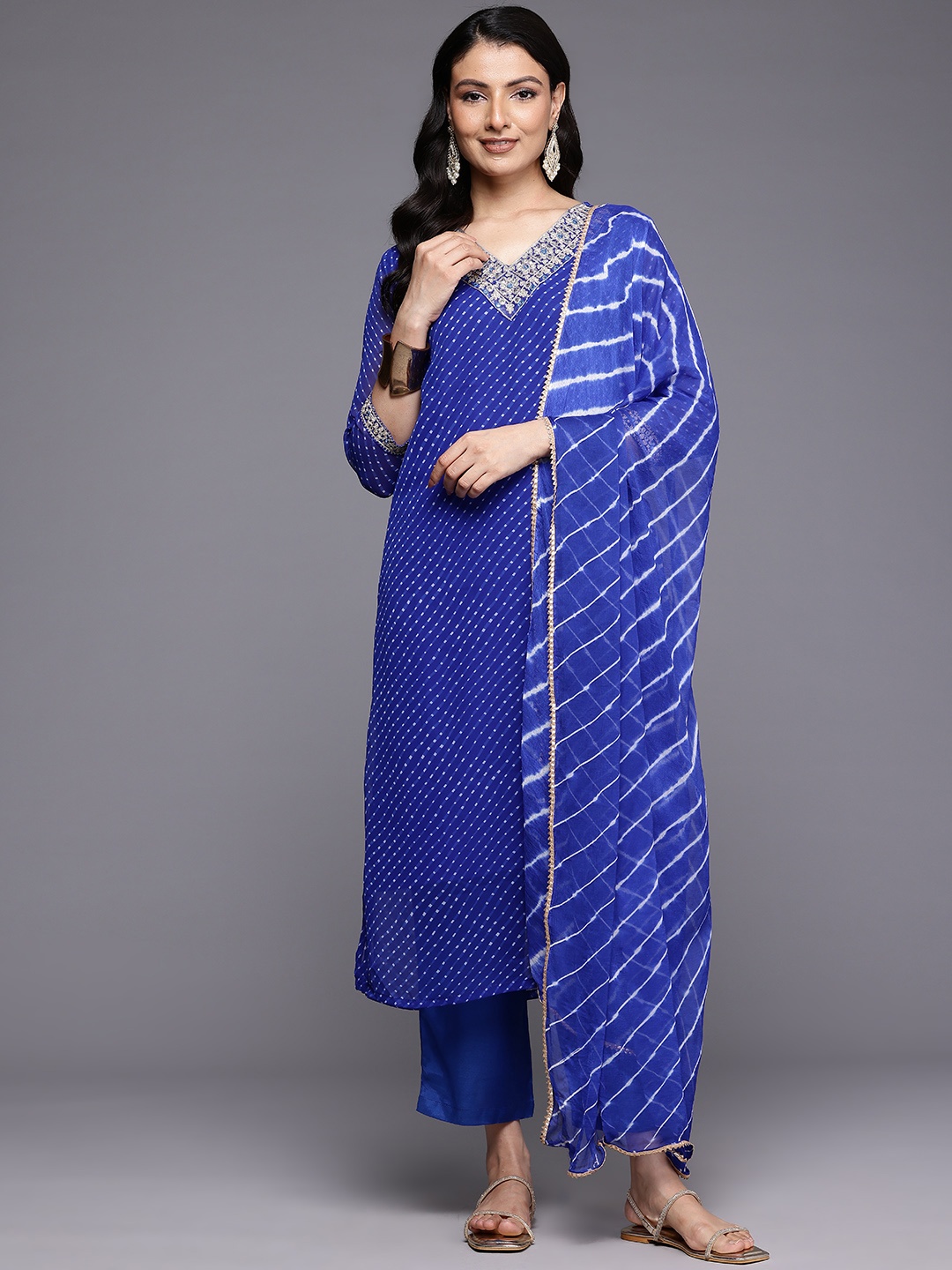 

Varanga Leheriya Printed Sequinned Kurta With Trousers & Dupatta, Navy blue