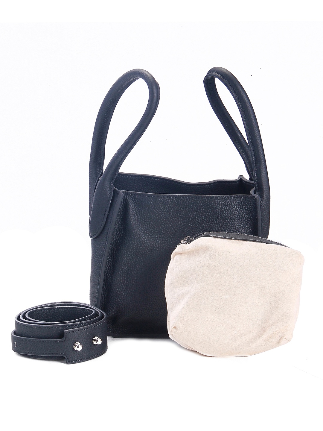 

Calvadoss Textured Leather Bucket Satchel with Cut Work, Black