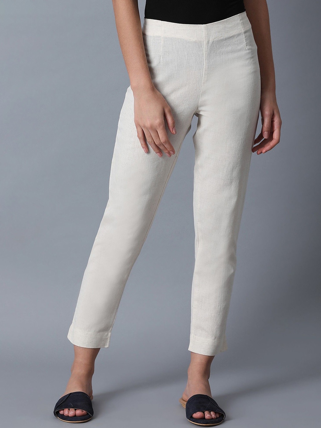 

W Women Slim Fit Mid-Rise Flat-Front Trousers, White