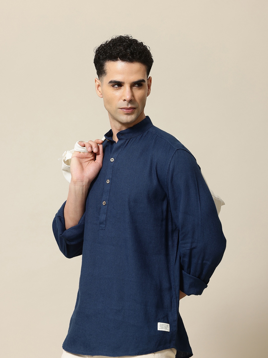

Mr Bowerbird Men Comfort Mandarin Collar Linen Blend Casual Shirt, Navy blue
