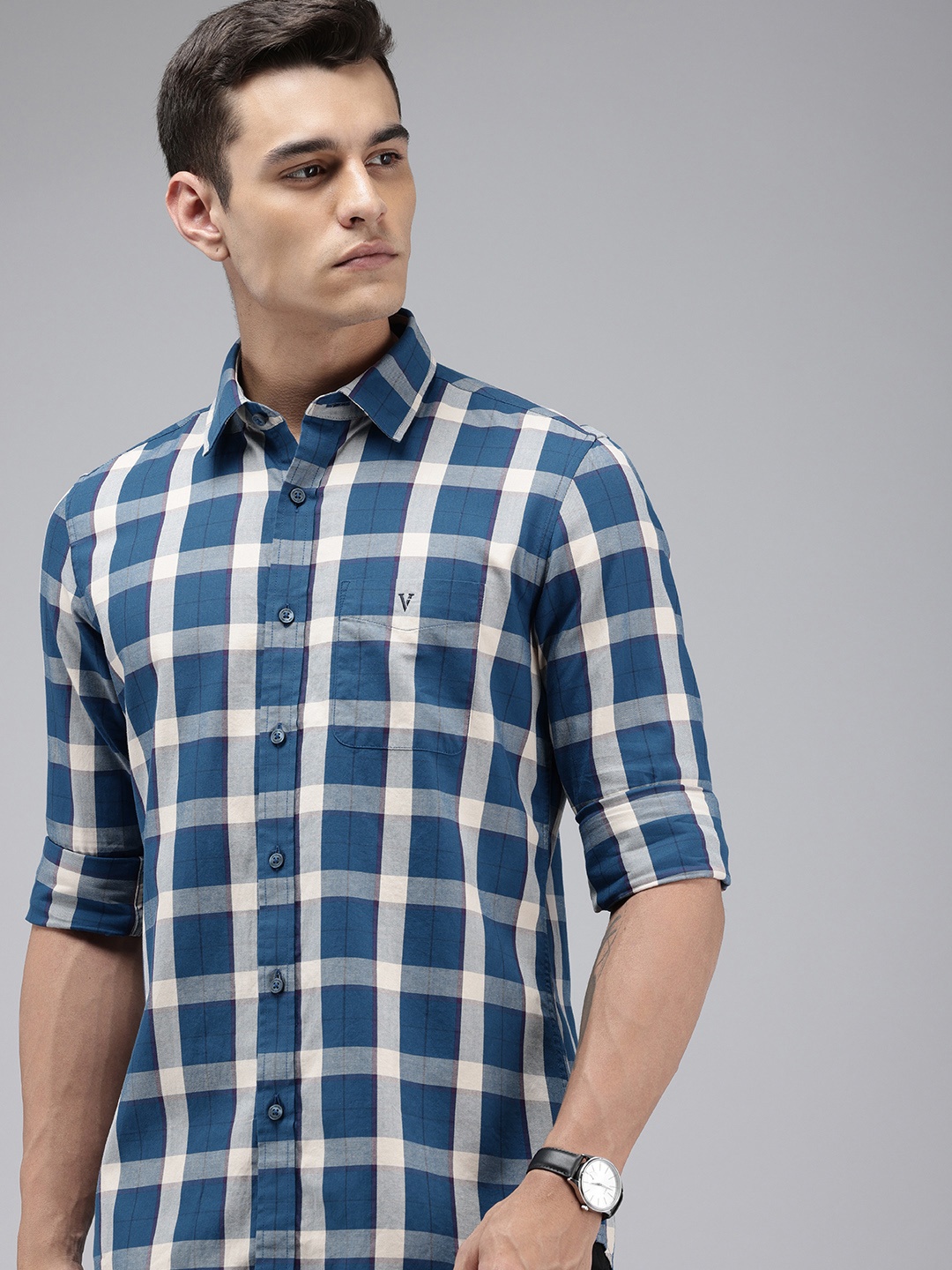 

Van Heusen Sport Slim Fit Checked Pure Cotton Casual Shirt, Blue
