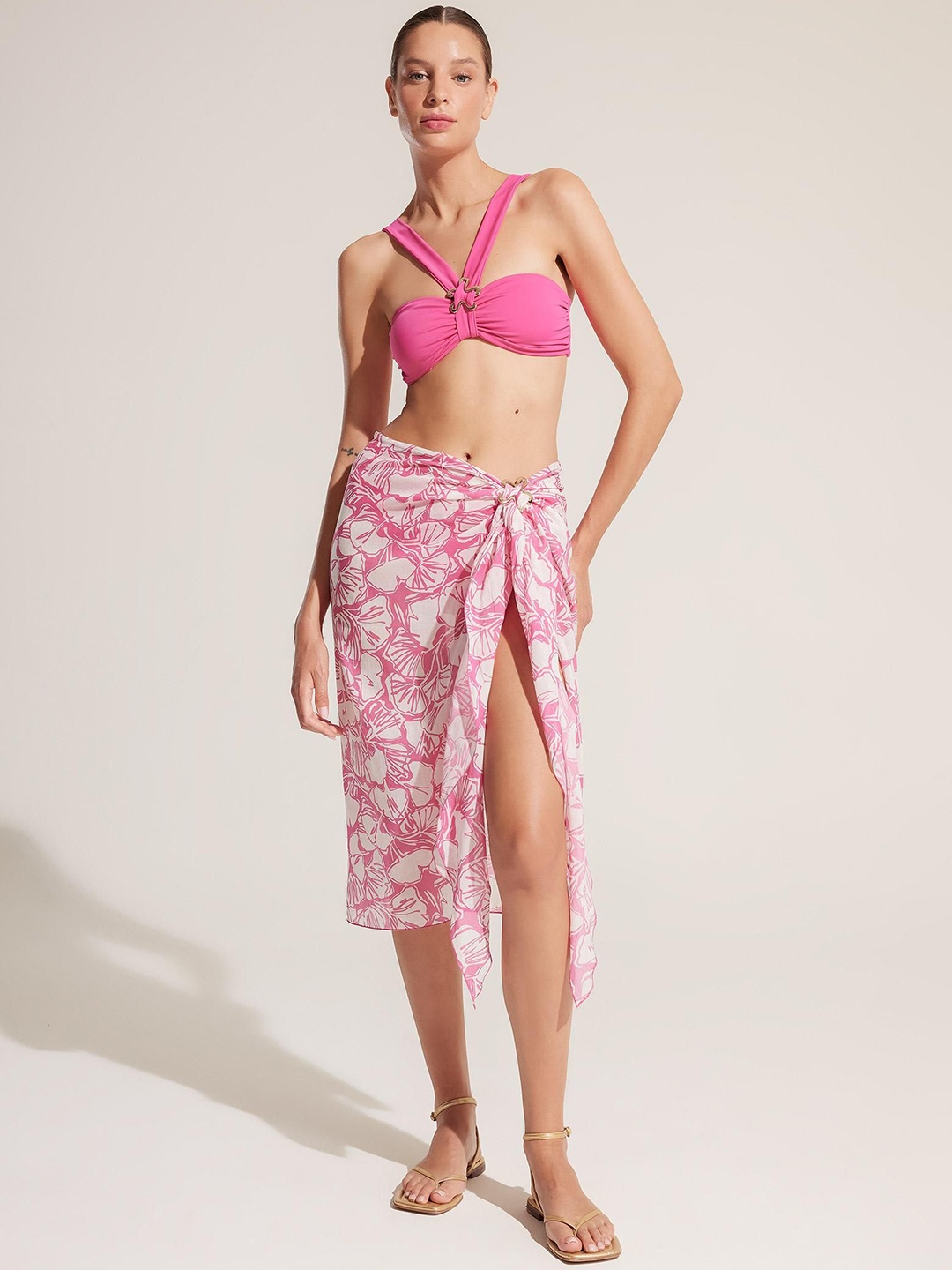 

DeFacto Floral Printed Pure Cotton Swim Cover Up Wrap Skirt, Pink