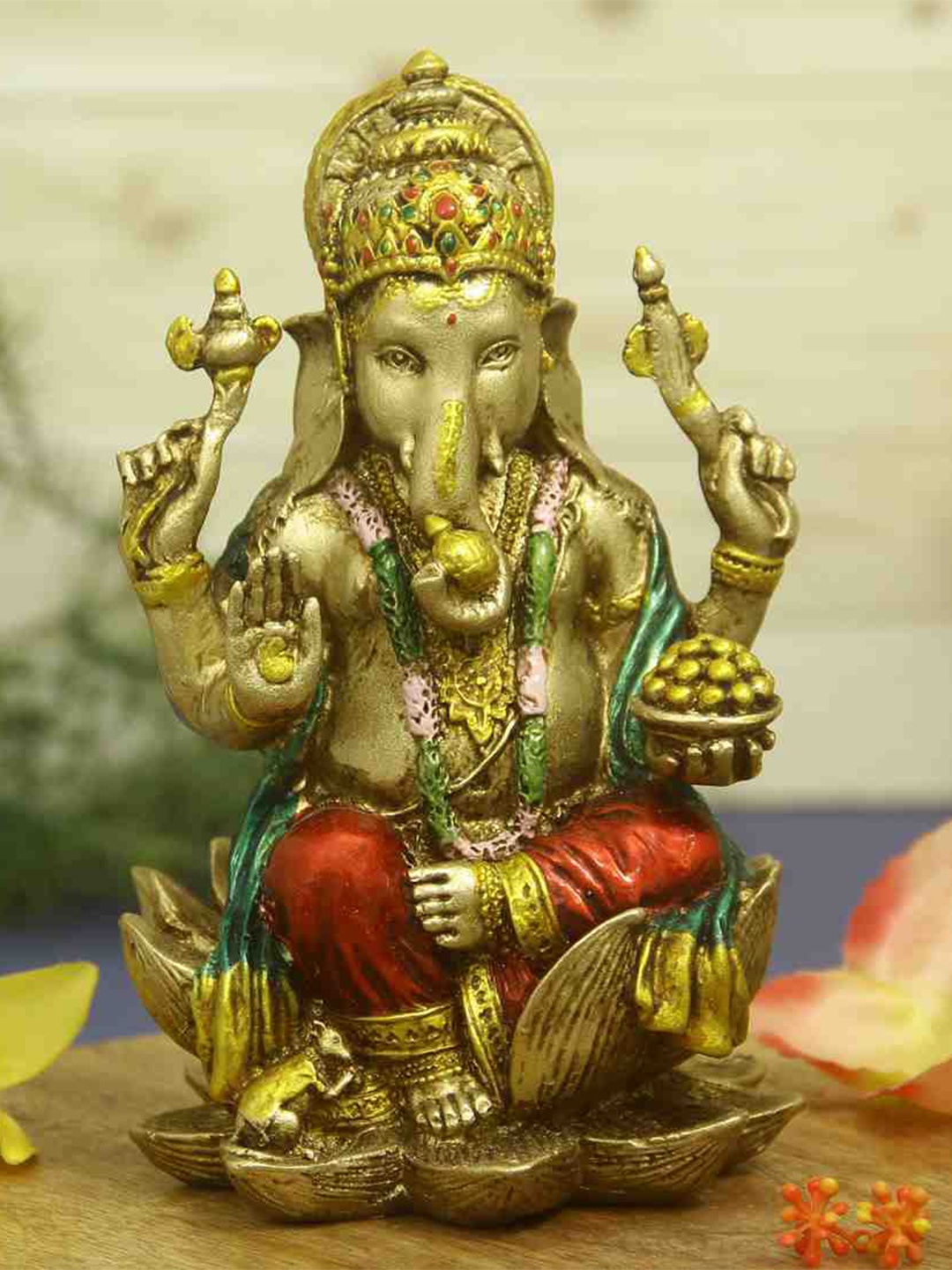 

HANDICRAFTS PARADISE Gold toned & Red Religious Ganesh Idol Showpiece