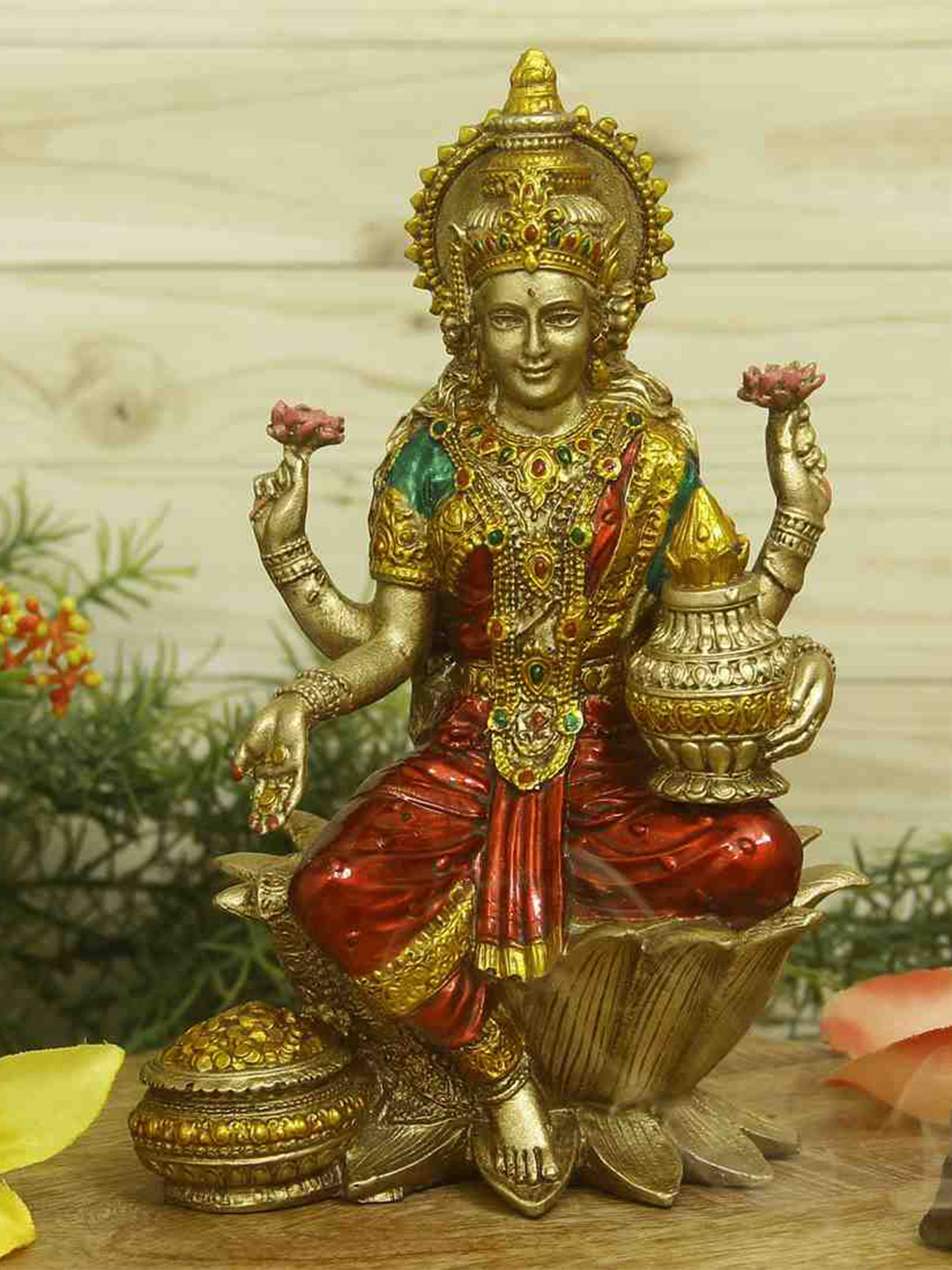 

HANDICRAFTS PARADISE Gold Toned & Red Religious Laxmi Idol Showpiece