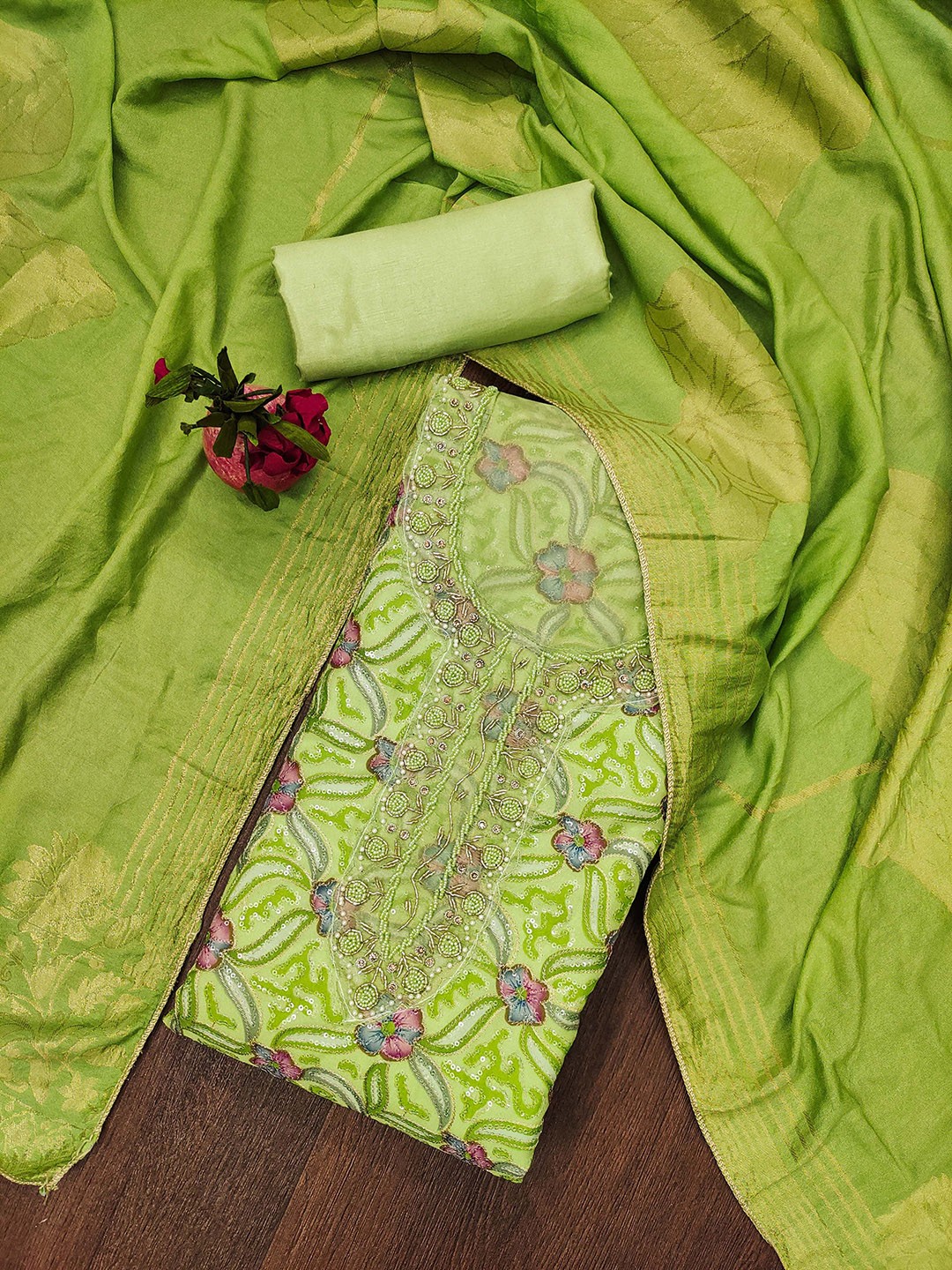 

KALINI Floral Embroidered Sequinned Organza Unstitched Dress Material, Green