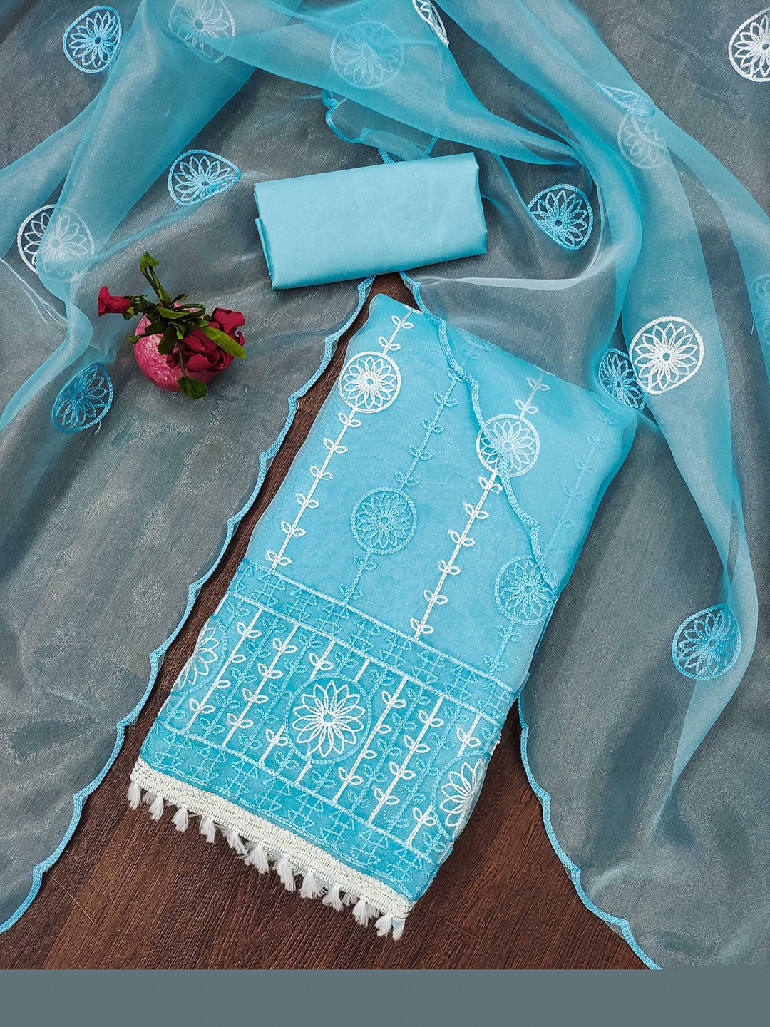 

KALINI Floral Embroidered Organza Unstitched Dress Material, Blue