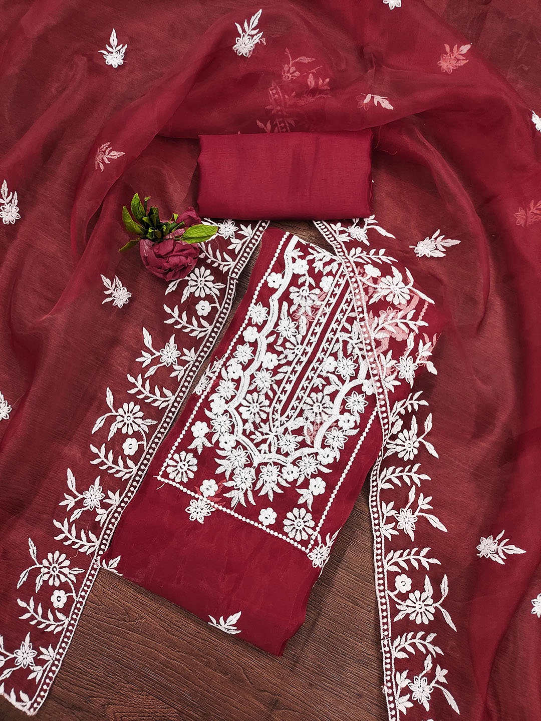 

KALINI Floral Embroidered Thread Work Organza Unstitched Dress Material, Red