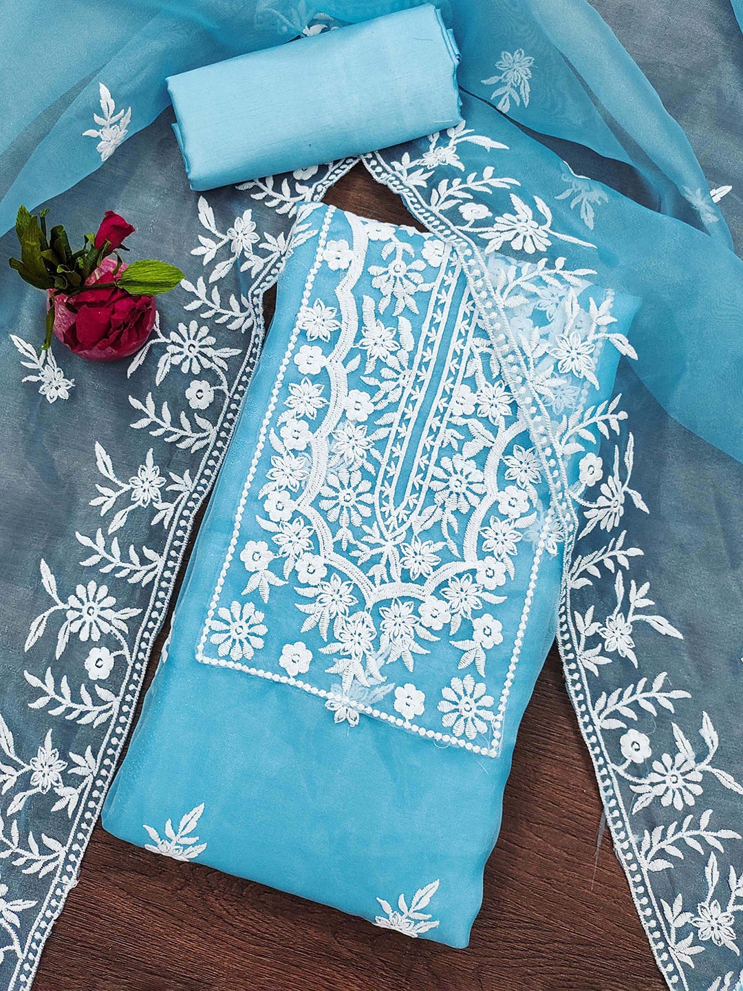 

SHADOW & SAINING Floral Embroidered Thread Work Organza Unstitched Dress Material, Blue