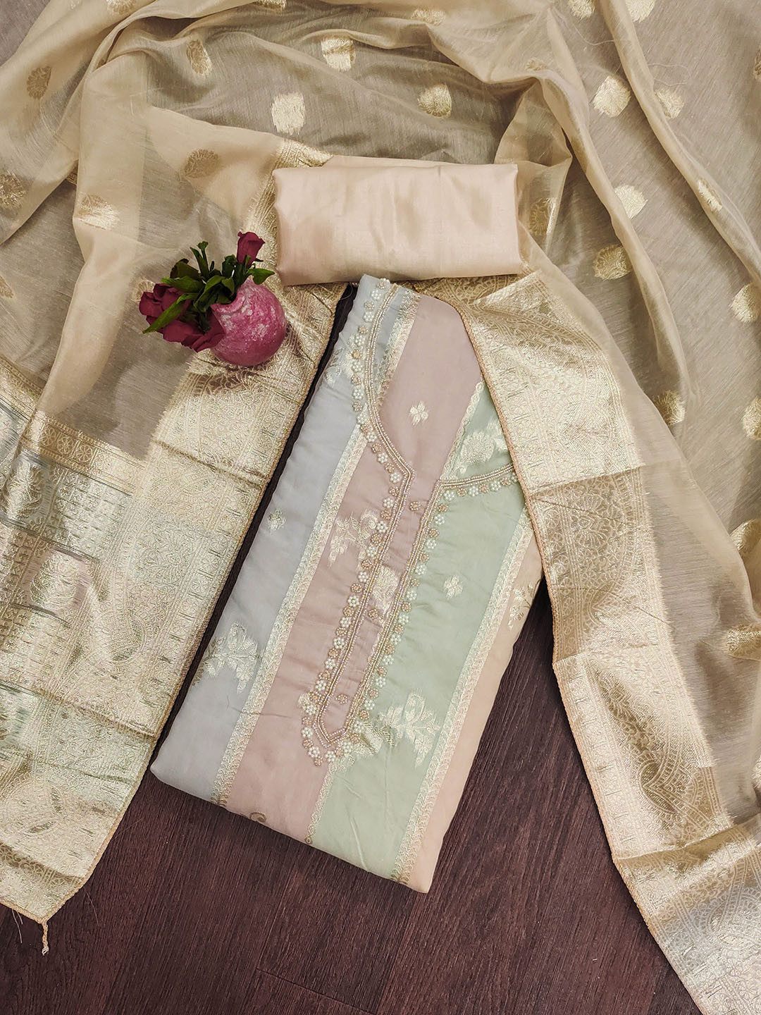 

SHADOW & SAINING Floral Woven Design Beads and Stones Unstitched Dress Material, Purple