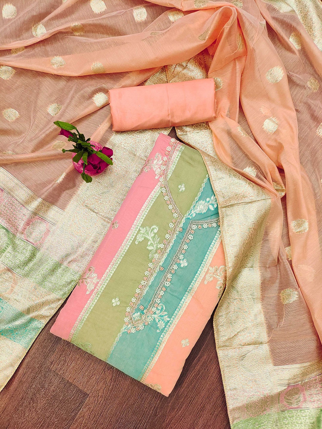 

SHADOW & SAINING Floral Woven Design Beads and Stones Unstitched Dress Material, Peach