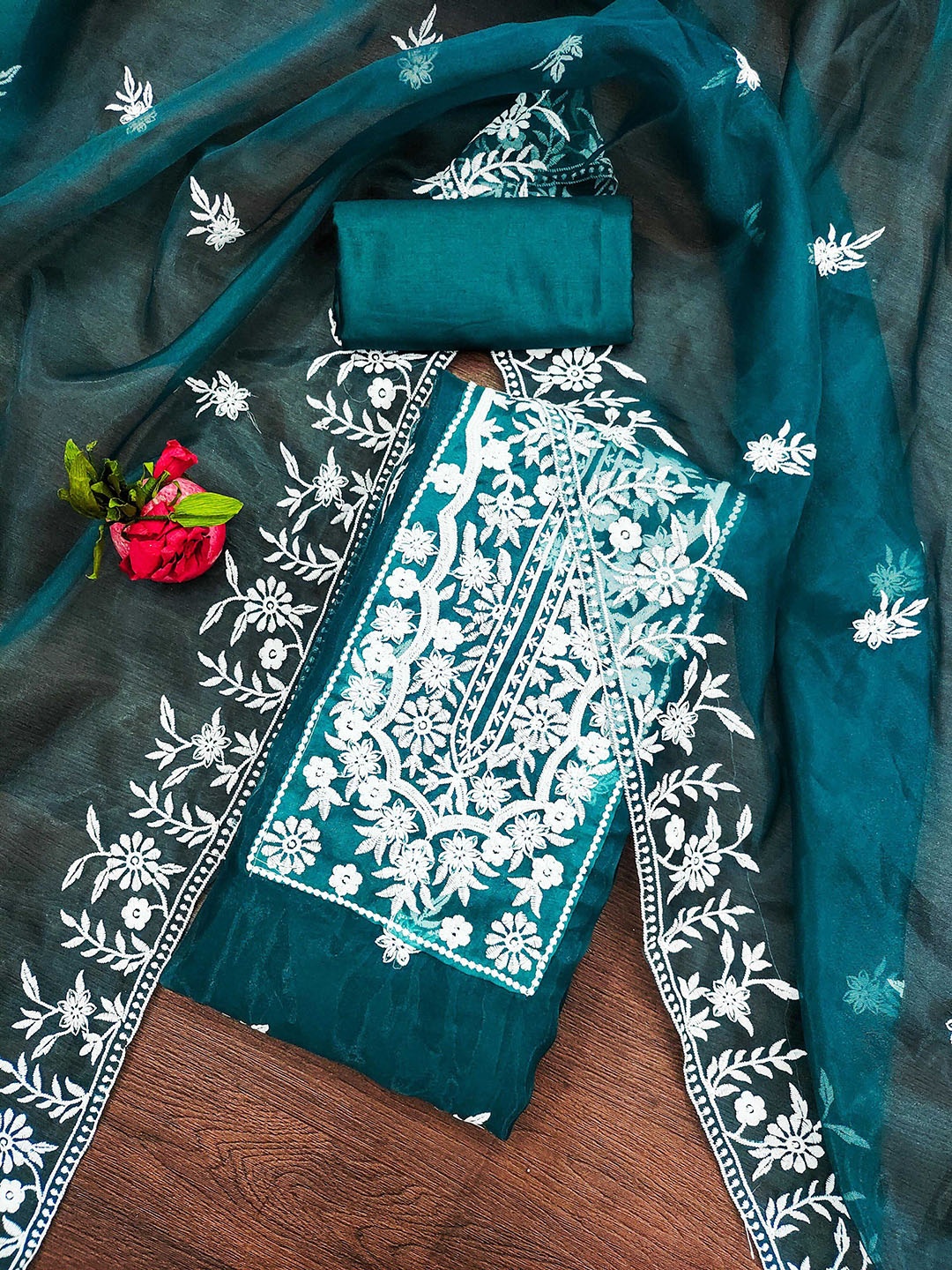 

SHADOW & SAINING Floral Embroidered Thread Work Organza Unstitched Dress Material, Teal