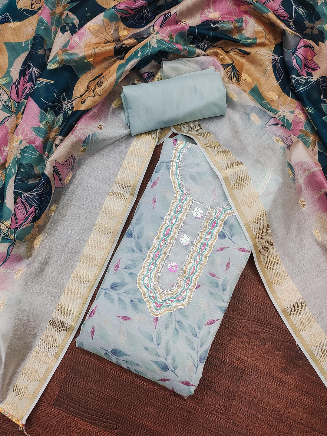 

KIMISHA Botanical Printed Sequinned Unstitched Dress Material, Blue