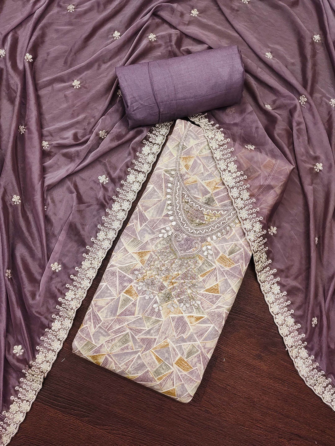 

KIMISHA Geometric Printed Beads and Stones Unstitched Dress Material, Lavender
