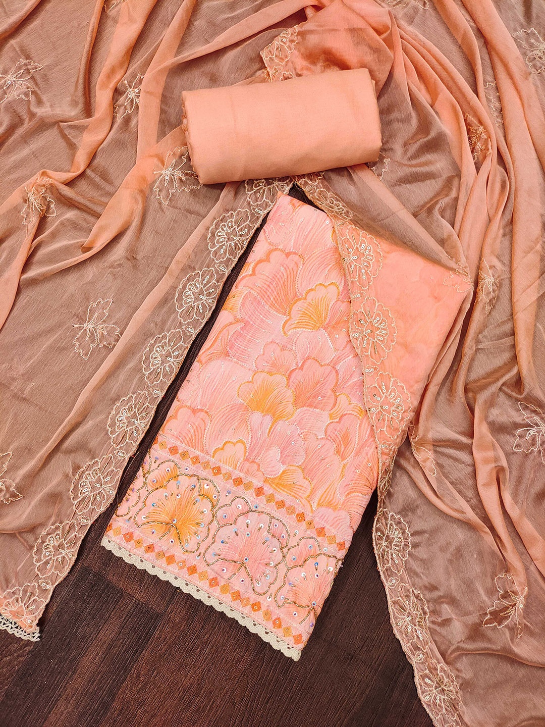 

KIMISHA Floral Embroidered Sequinned Unstitched Dress Material, Peach