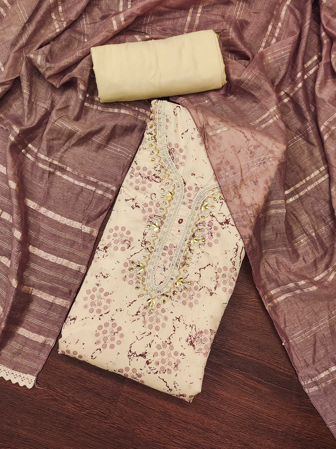 

KIMISHA Floral Printed Beads and Stones Unstitched Dress Material, Mauve
