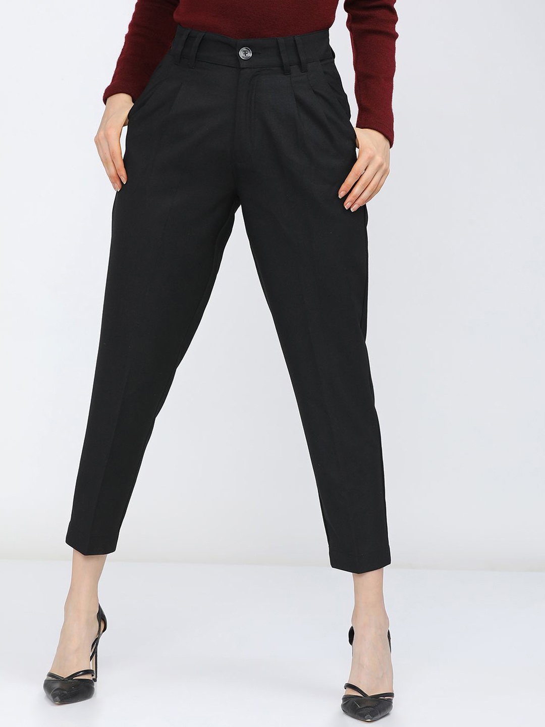 

Tokyo Talkies Women Tapered Fit Pleated Trousers, Black