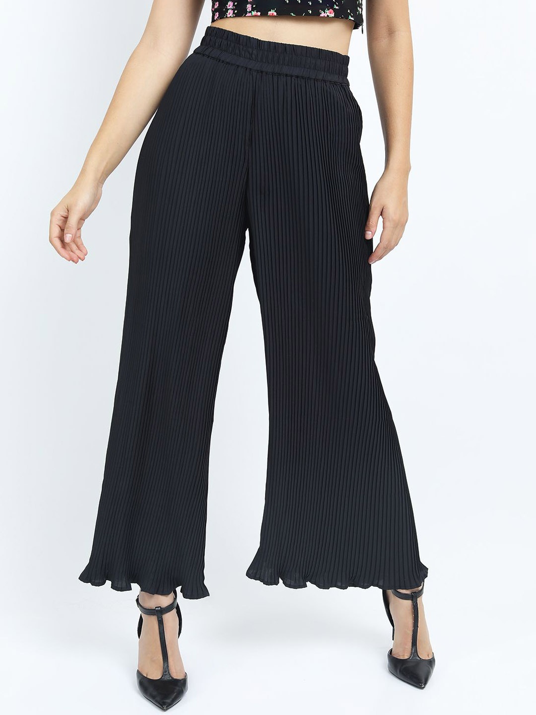 

Tokyo Talkies Women Striped Flared Parallel Trousers, Black