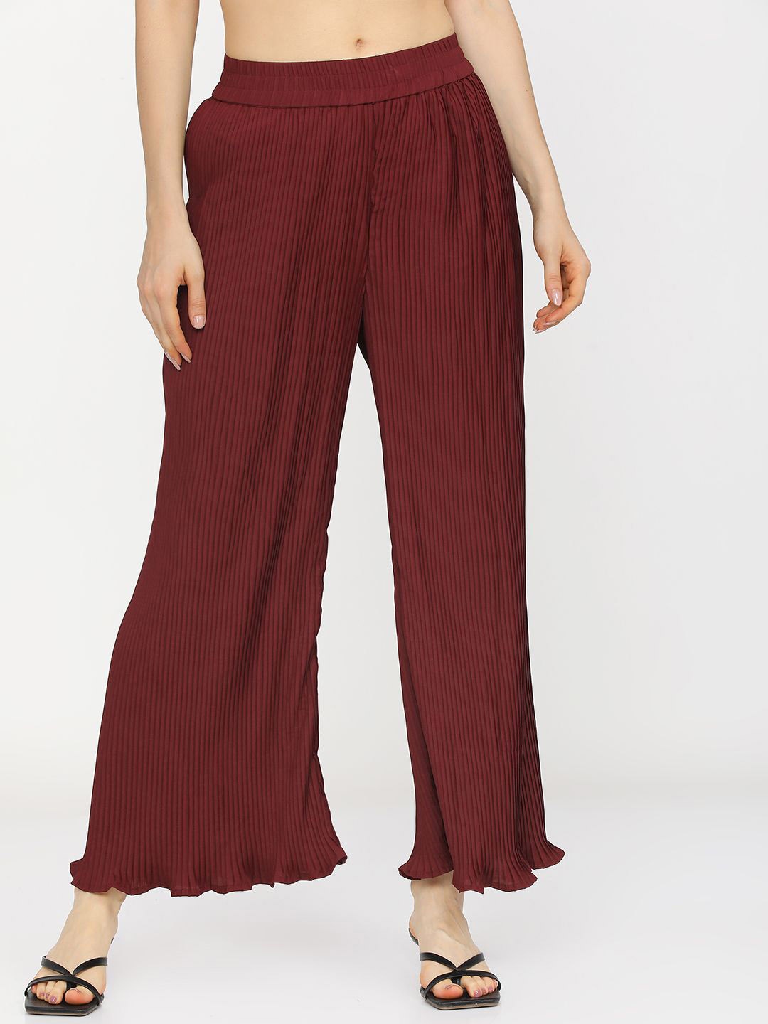 

Tokyo Talkies Women Flared Wide Leg Trouser, Maroon