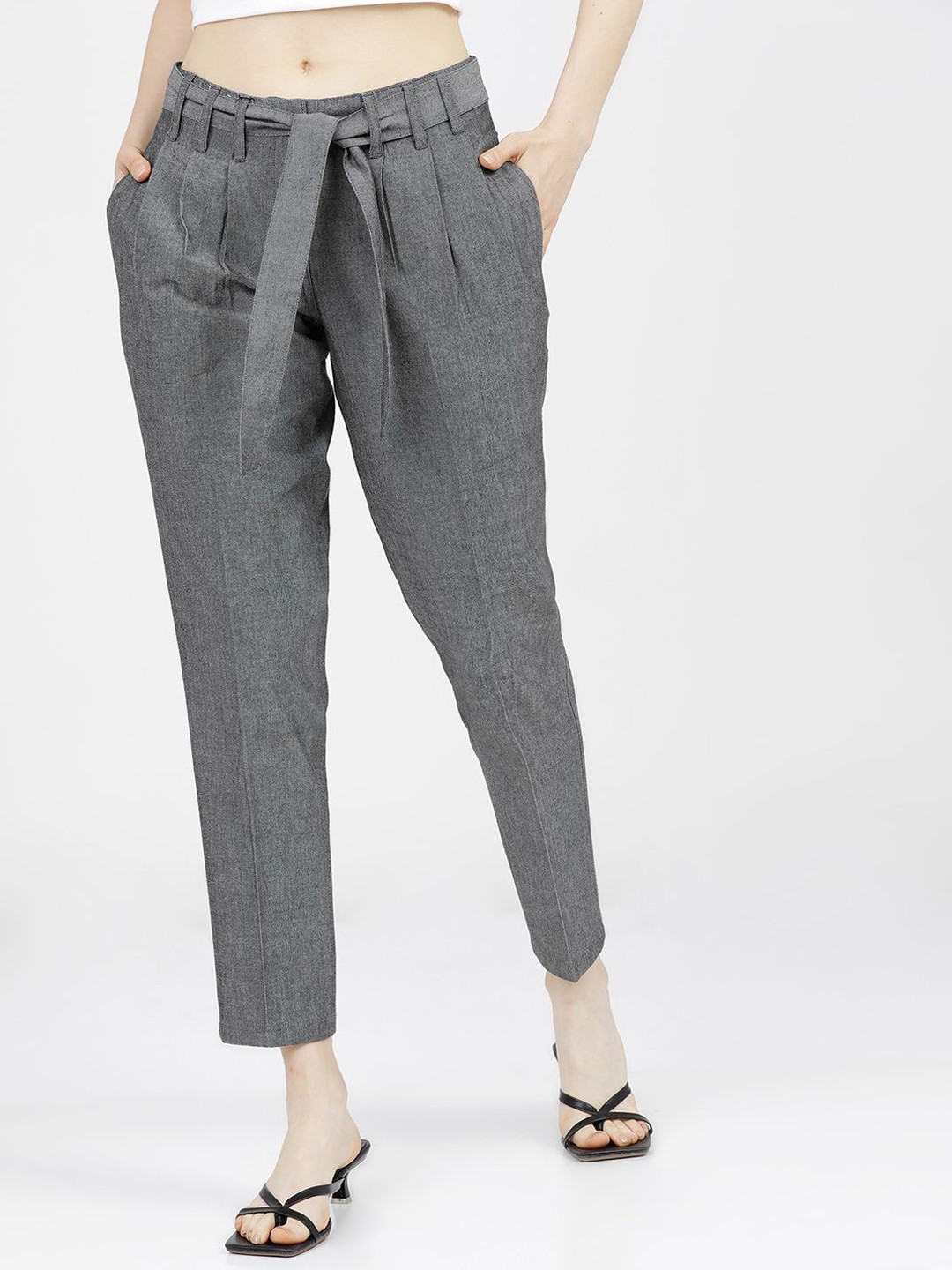

Tokyo Talkies Women Cotton Tapered Fit Pleated Trousers, Black